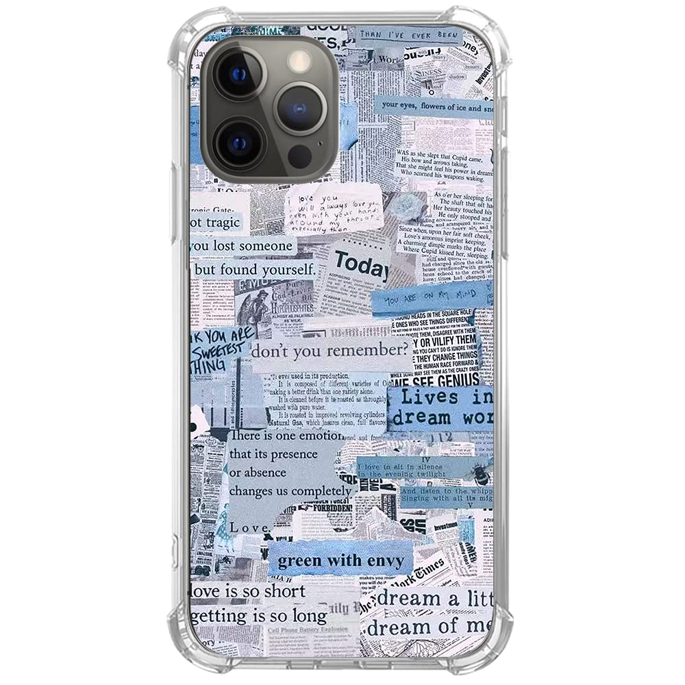 Vintage Newspaper Art Phone Case for iPhone 12 Pro Max - Blue Hippie Quote Aesthetic TPU Bumper Cover for Men & Women | Trendy Protective Case for Daily Use, Travel & Photography