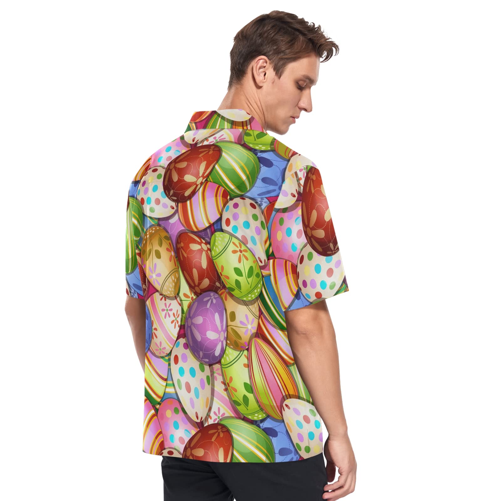 Fisyme Men's Hawaiian Shirt - Easter Eggs Print Loose Fit Short Sleeve Button Down Beach Shirt for Summer Vacation, Luau Party & Casual Wear