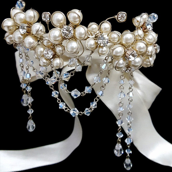 Elegant Kezani Pearl Flower Wedding Armband with Crystal Drapes - Perfect for Bridal Accessories, Formal Events & Special Occasions
