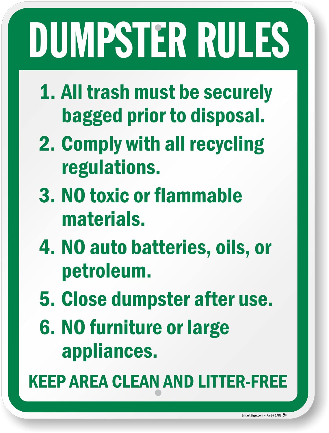 SmartSign 24 x 18 Inch Dumpster Rules Metal Sign - Keep Area Clean & Litter-Free | 80 Mil Rustproof Laminated Aluminum Sign | Green & White | Perfect for Waste Management Areas, Recycling Centers & Commercial Properties