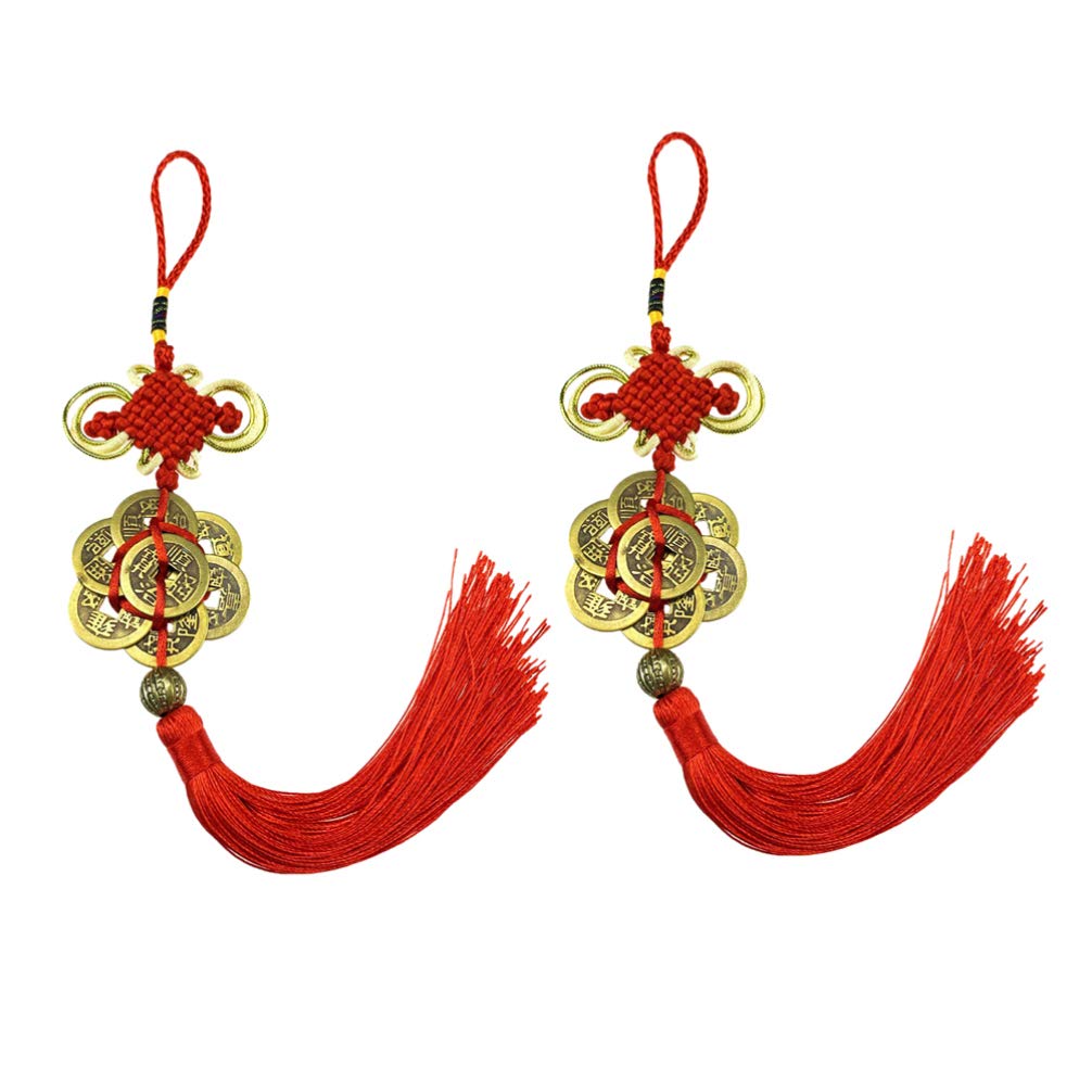 2pcs Feng Shui Coin Pendant with Chinese Knot - Lucky Charm Car Ornament for Rearview Mirror, Tassel Hanger, Home Decor - Chinese Style Copper Coins for Car, Office & Gift Giving