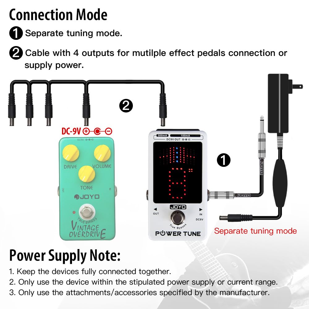JOYO JF-18R Power Supply Tuner Pedal - 8-Channel Isolated Low Noise DC 9V Output (2x500mA + 6x100mA) with True Bypass - Perfect for Guitar Effects Pedalboard & Live Performances