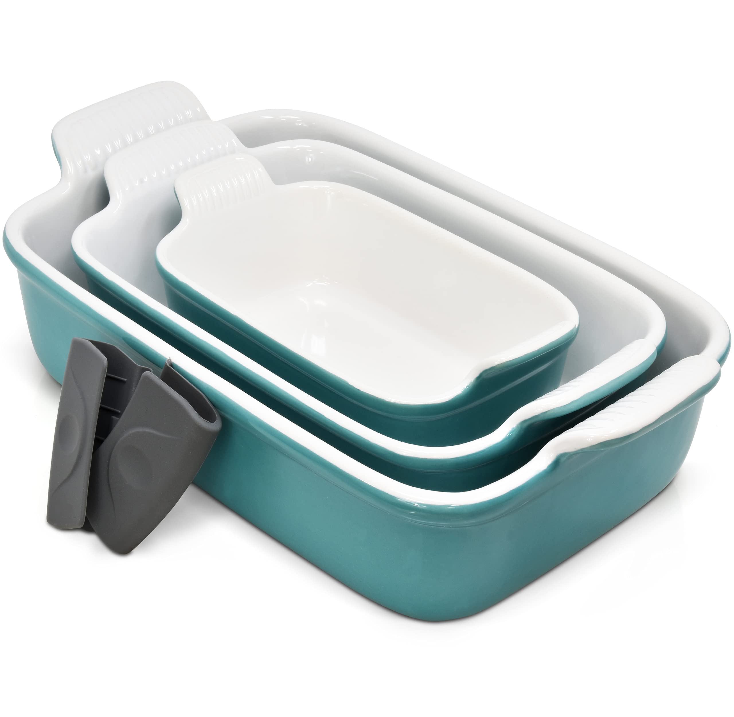 PERLLI 3-Piece Ceramic Bakeware Set - Oven Safe Rectangle Casserole Dishes, Stoneware Lasagna Pan & Baking Dish with Silicone Grips for Cooking, Baking & Serving | Perfect for Family Dinners, Holiday Meals & Entertaining Guests