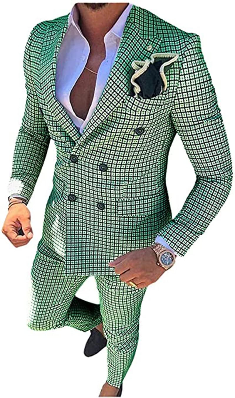 Men's 2-Piece Slim Fit Double Breasted Plaid Suit Set (Blazer + Pants) - Formal Wedding Tuxedo for Groomsmen & Business Occasions