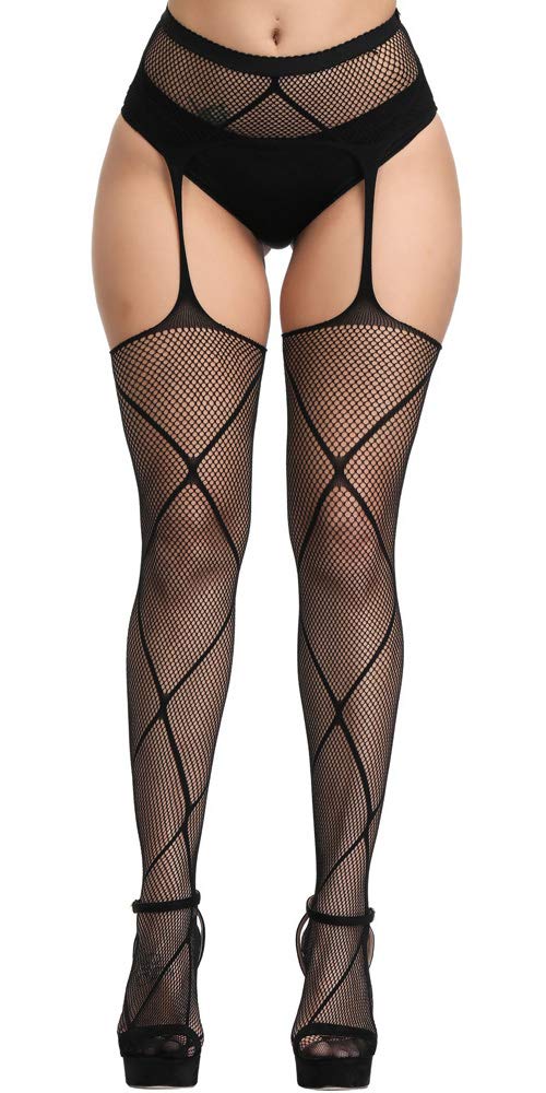Confonze Women's Sexy High Waist Fishnet Tights with Suspenders - Black Thigh High Stockings Pantyhose for Party, Cosplay & Night Out