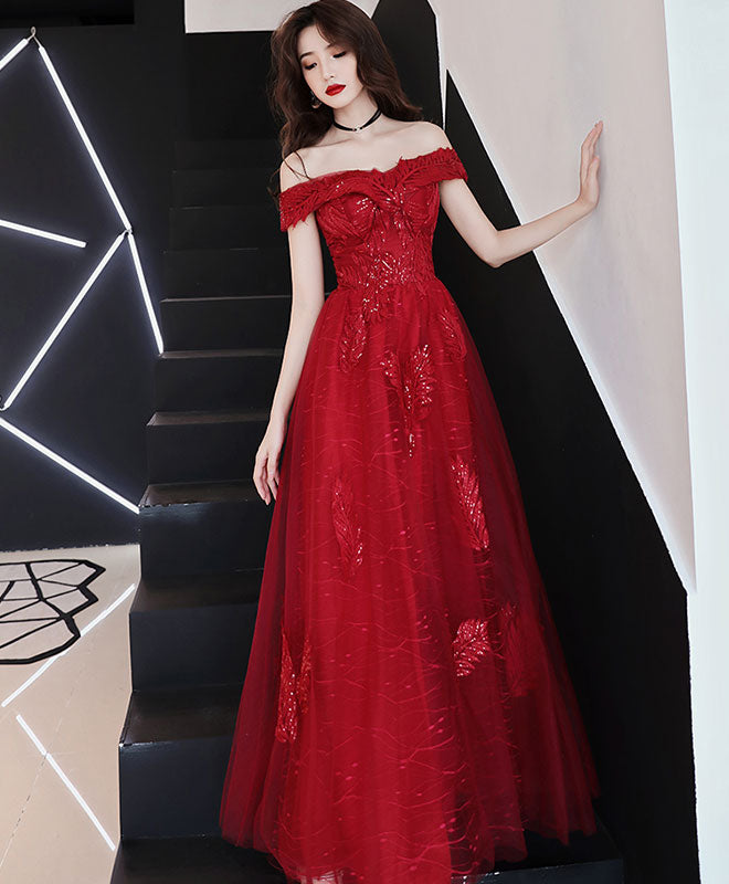 Elegant Burgundy Tulle Lace Off-Shoulder Prom Dress for Women - Formal Evening Gown for Homecoming, Wedding, and Special Occasions