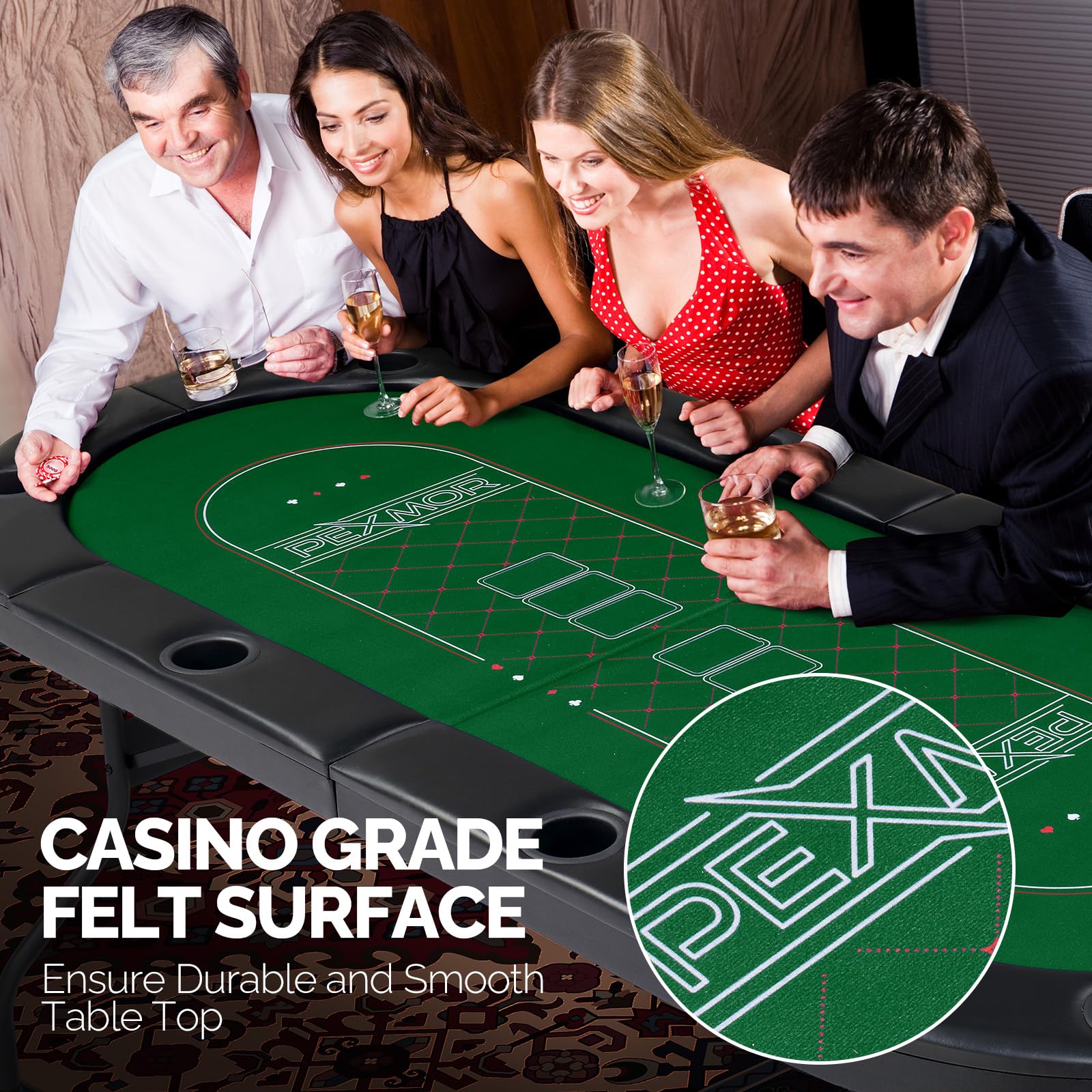 PEXMOR 8 Player Foldable Poker Table with Casino-Grade Felt & Stainless Steel Cup Holders - Texas Holdem Blackjack Game Table for Home & Casino Nights - Water-Resistant Cushioned Rail & Easy Assembly - Perfect for Poker Parties, Game Nights & Casino-Themed Events
