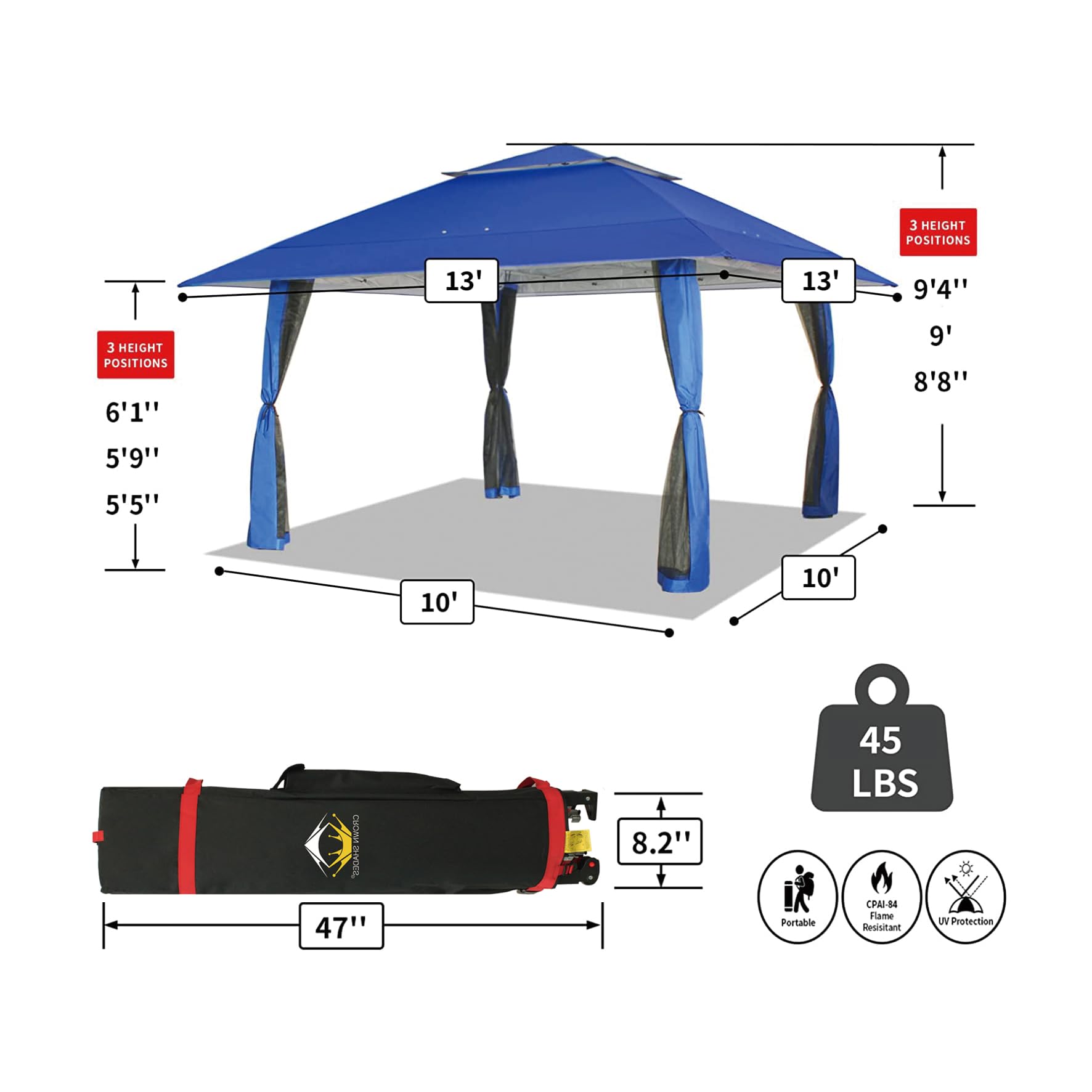 CROWN SHADES 13x13 Pop Up Gazebo with Wheeled STO-N-Go Cover Bag - Portable Canopy Tent for Outdoor Parties, Backyard, Patio, Camping & Beach - Waterproof Instant Shelter (Blue)