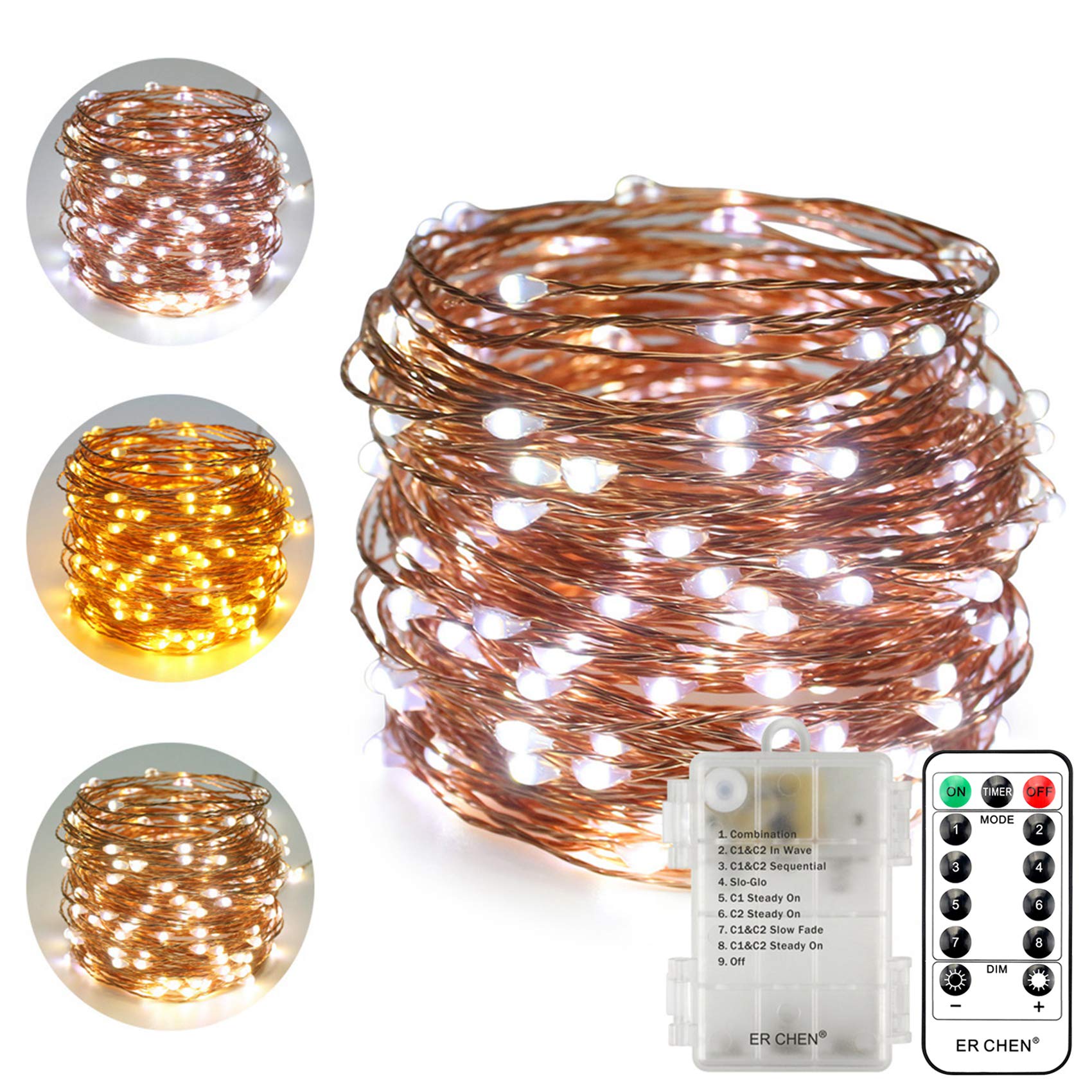 ErChen 66FT 200 LED Battery Operated String Lights - Color Changing Fairy Lights with Remote & Timer, 8 Modes Dimmable Copper Wire for Indoor Outdoor Patio Decor, Wedding, Party, Garden (Warm White/White)