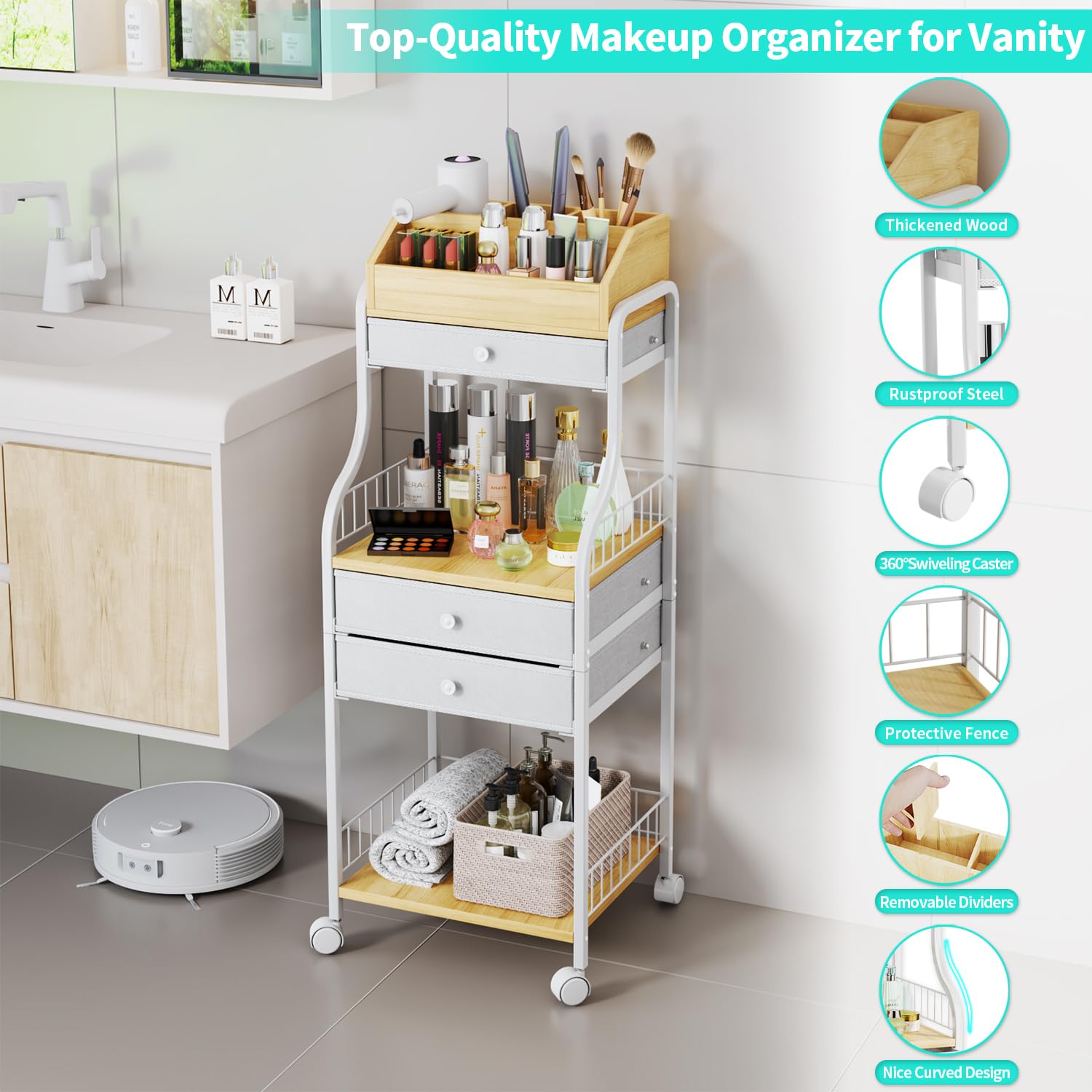 HapiRm 3-Tier Makeup Organizer with Drawers - Vanity Cosmetic Storage for Skincare, Nail Polish, Perfume & Makeup Brushes | Perfect for Bedroom, Bathroom & Dressing Table Organization