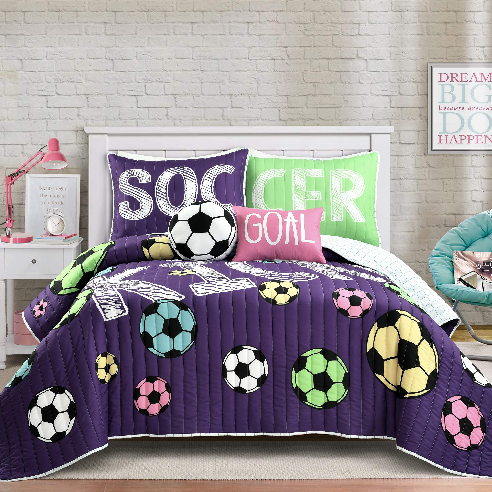 Lush Decor Girls Soccer Bedding Set - 5 Piece Full/Queen Reversible Comforter Quilt with 2 Pillow Shams & 2 Accent Pillows - Purple - Perfect for Kids' Bedrooms, Teen Rooms & Sports-Themed Decor