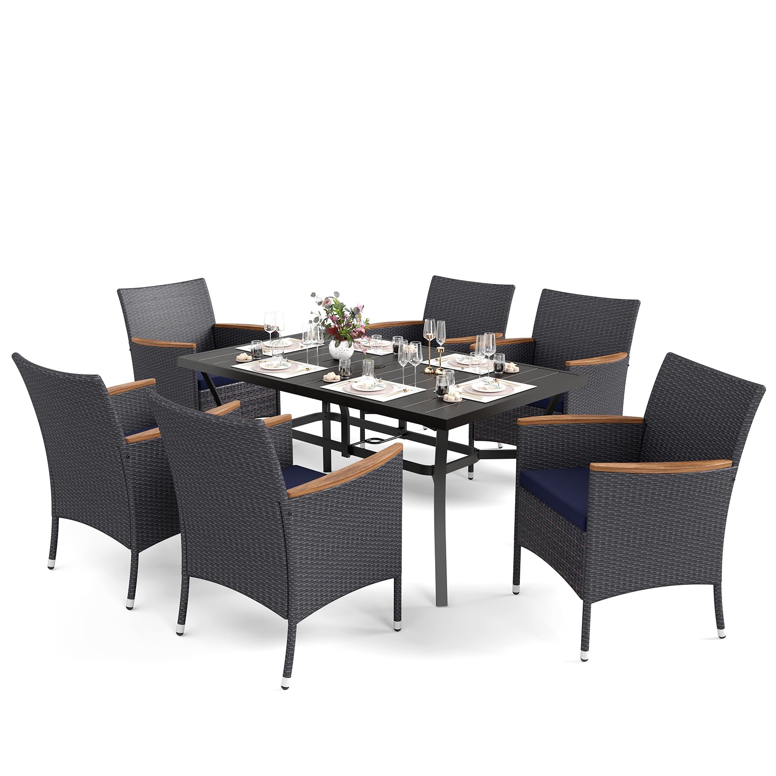 MFSTUDIO 7-Piece Outdoor Wicker Patio Dining Set with Metal Table & 6 Rattan Chairs - All-Weather Garden Furniture for Backyard, Poolside & Terrace Dining