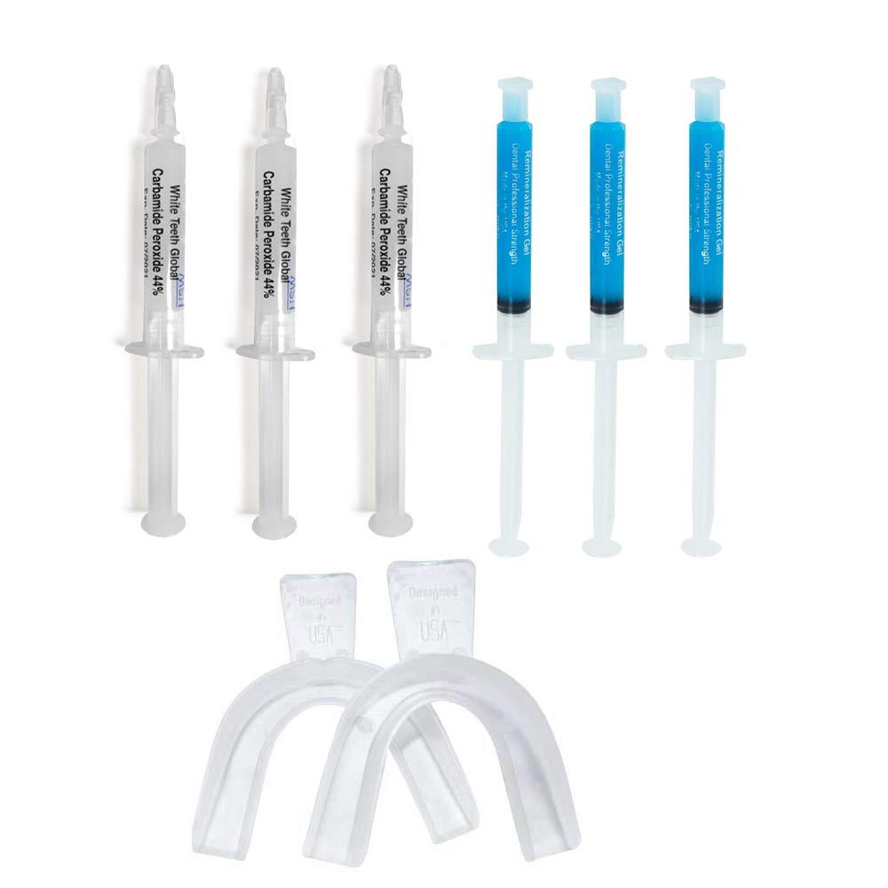 Professional Teeth Whitening Kit with 3ml 44% Carbamide Peroxide & Remineralization Gel - Includes 2 Mouth Trays & Syringe Dispensers for Effective At-Home Whitening & Enamel Protection