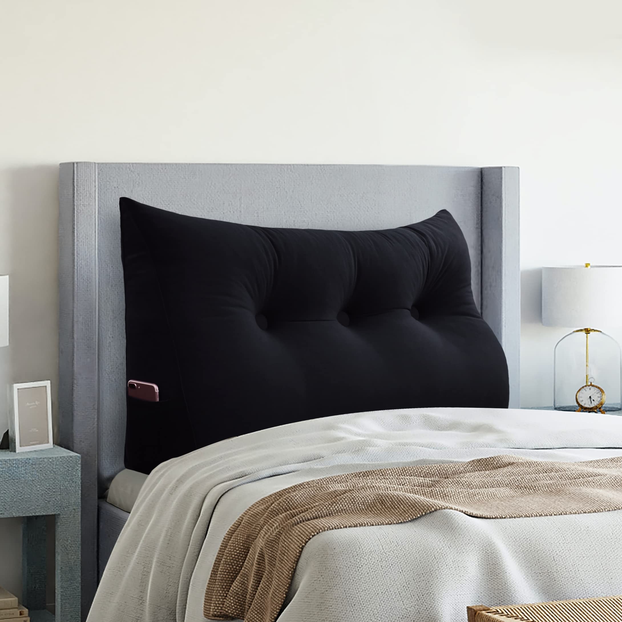 VERCART Large Wedge Pillow for Bed - Velvet Black Twin Size Headboard Pillow, Reading Pillow, Daybed Cushion, Triangular Back Support & Gap Filler - Perfect for Reading, Watching TV, and Relaxing in Bed