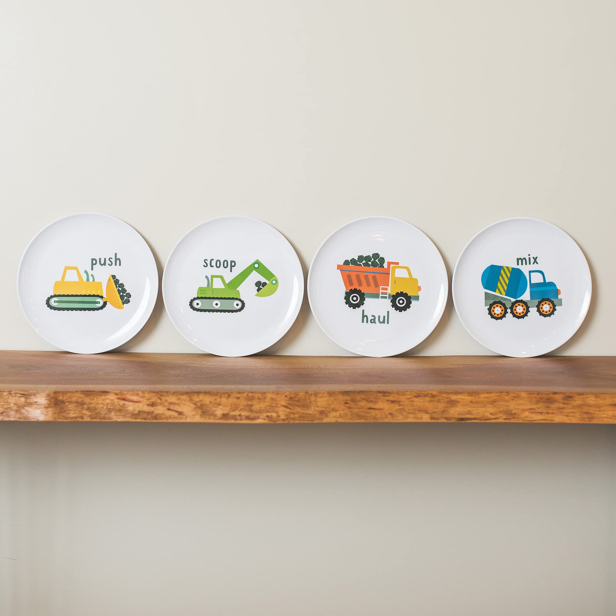 Tiny Expressions - 4-Piece Construction Themed Toddler Plates Set - Melamine Kids Dinnerware with Excavator, Cement Mixer, Bulldozer & Dump Truck Designs - Durable Plastic Plates for Boys & Girls - Perfect for Birthday Parties, Daycare Meals & Fun Family Dinners