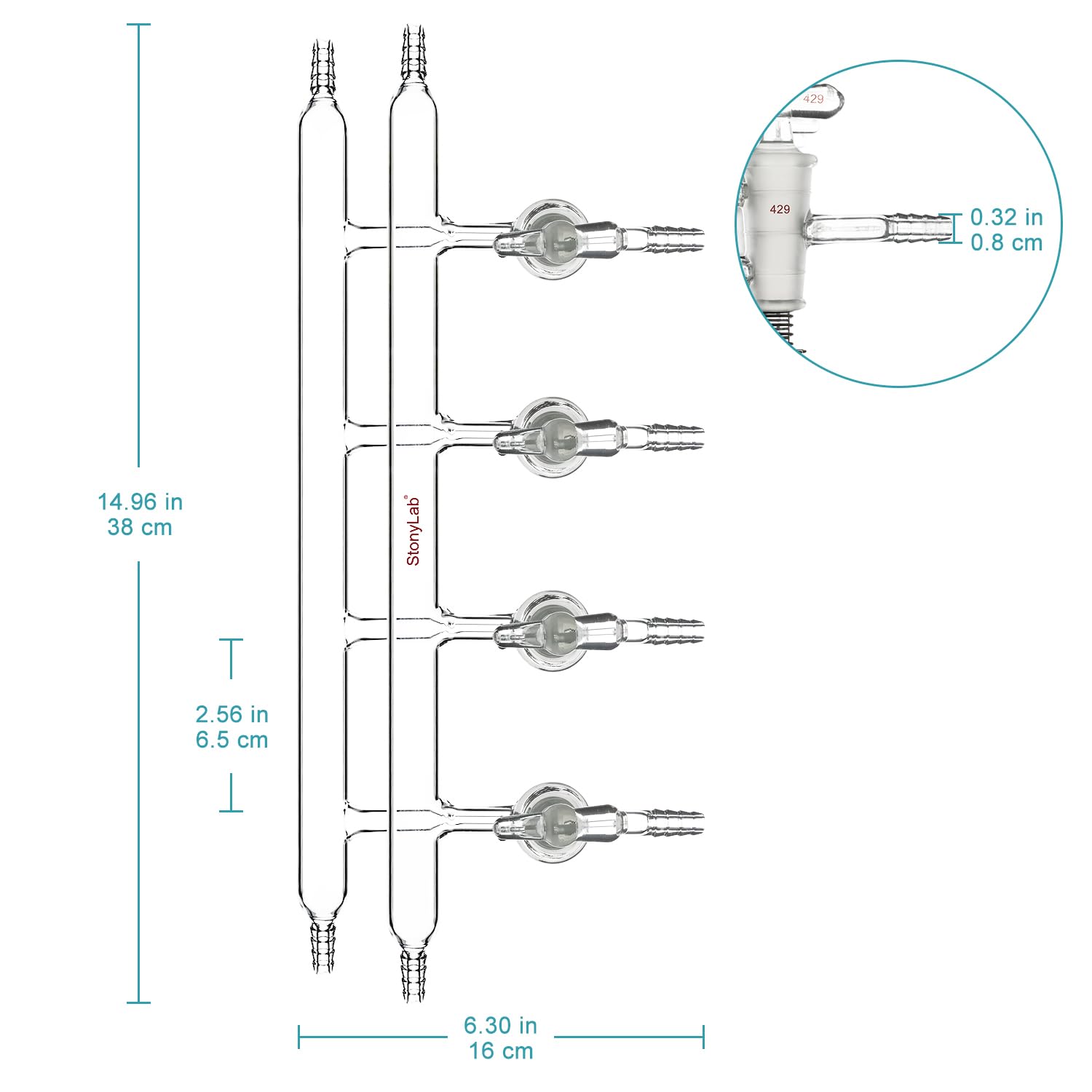 Stonylab Borosilicate Glass Double Vacuum Manifold - 4 Ports with Glass Stopcocks for Schlenk Line | Lab Vacuum Gas Distributor for Chemistry Experiments & Research Applications