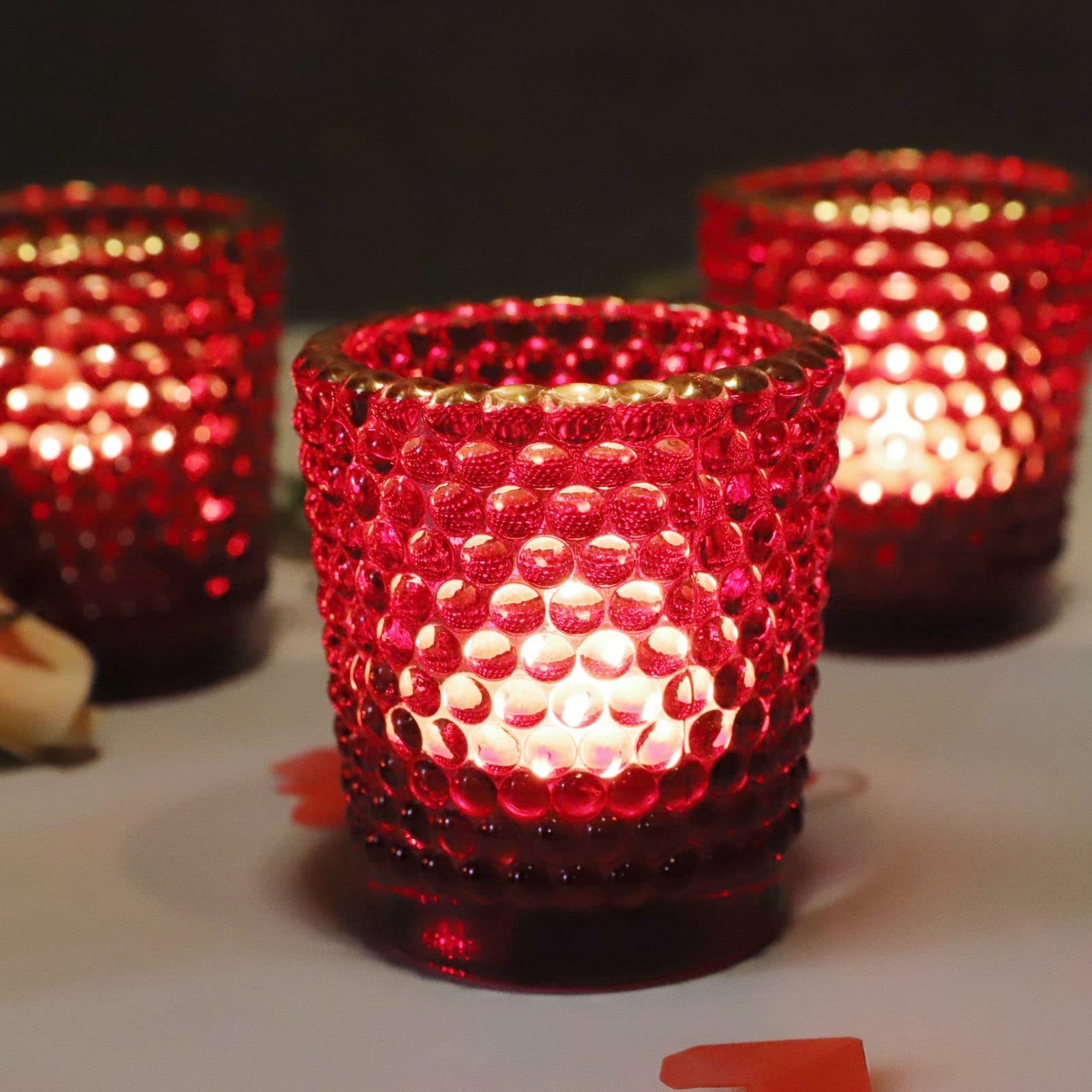 WOHO Set of 12 Red Glass Votive Candle Holders with Gold Rim - Bulk Tealight Holders for Table Centerpieces, Christmas Decor, Holiday Parties & Romantic Dating Nights - Perfect for Weddings, Restaurants & Home Decoration