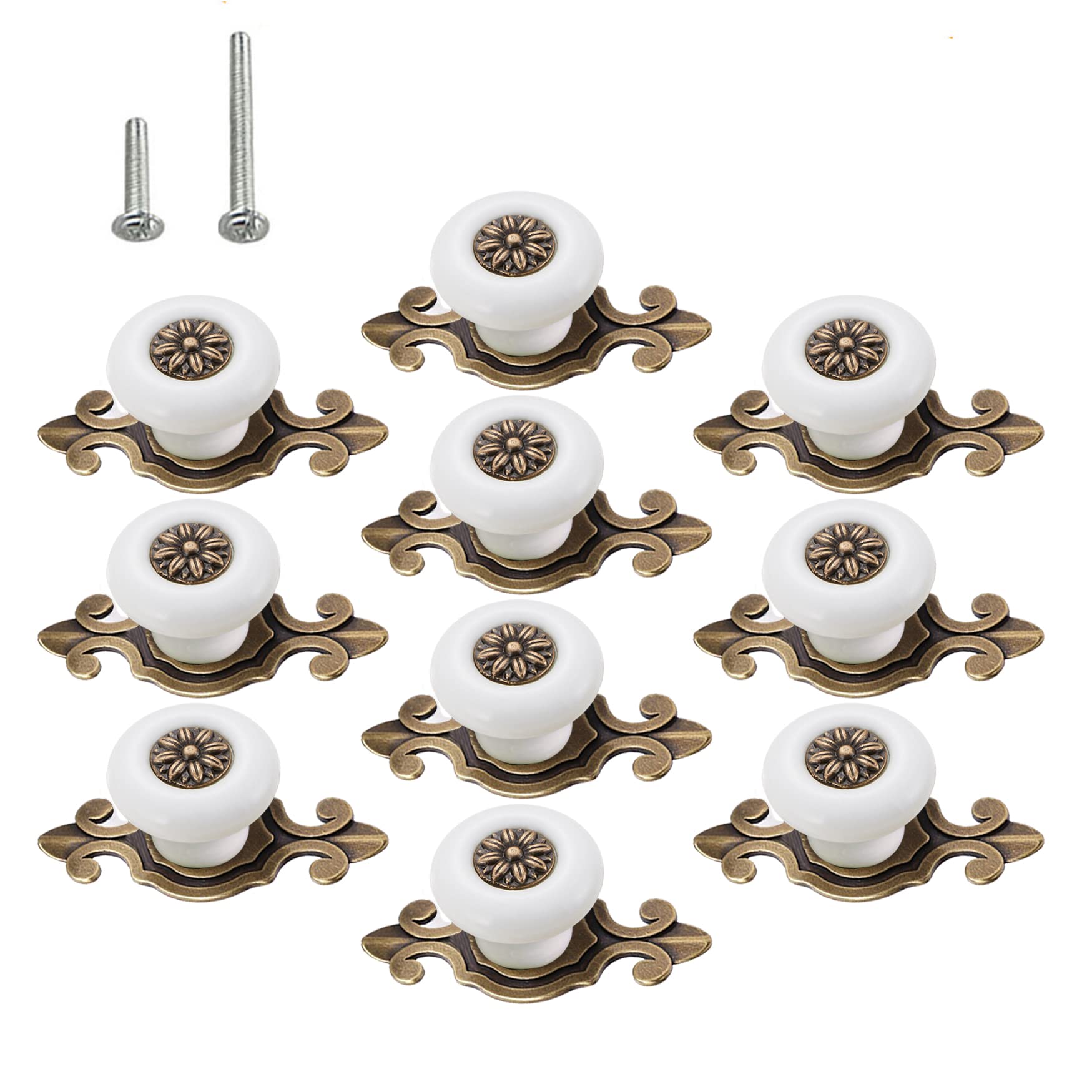 Vintage Retro Ceramic Knobs 10 Pack - Antique Dresser & Kitchen Cabinet Pulls with Zinc Alloy Base, Petal Design Drawer Handles (Bronze & White) - Perfect for Wardrobe, Cupboard & Cabinet Door Hardware Upgrade