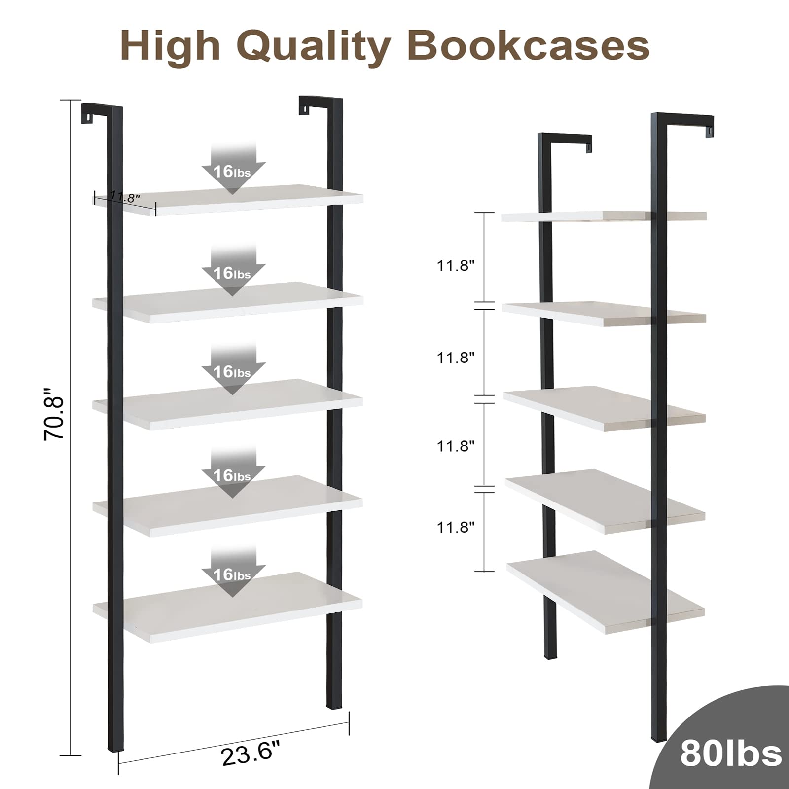 Industrial Ladder Bookshelf - 5-Tier Wall Mounted Bookcase with Metal Frame, Open Display Storage Shelf for Living Room, Bedroom, Office & Balcony | Space-Saving Leaning Ladder Design for Home Decor & Organization