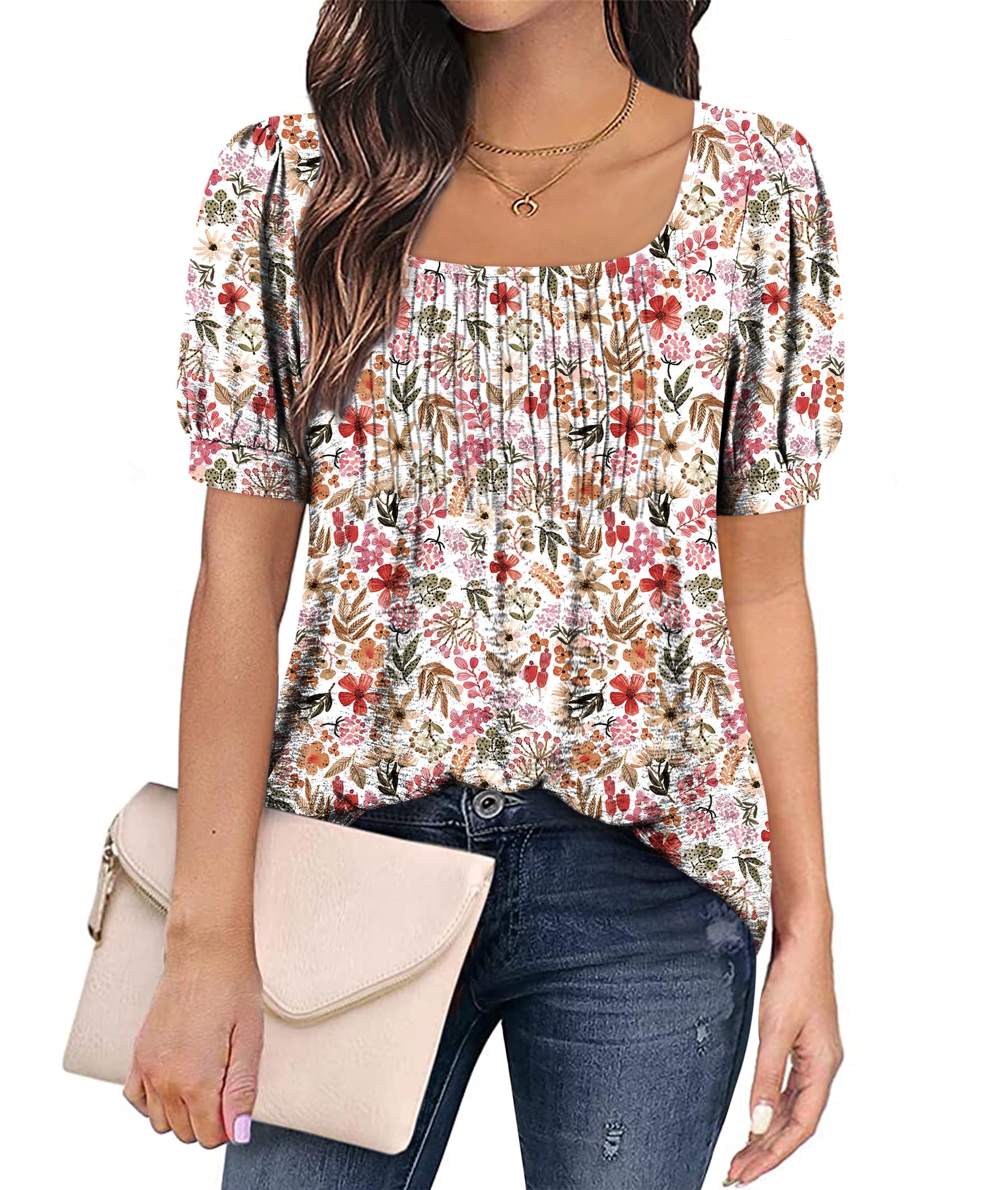 Zwurew Women's Summer Casual Puff Short Sleeve T-Shirt - Square Neck Pleated Flowy Tunic Top for Leggings (Sizes S-2XL) | Perfect for Yoga, Running & Everyday Wear