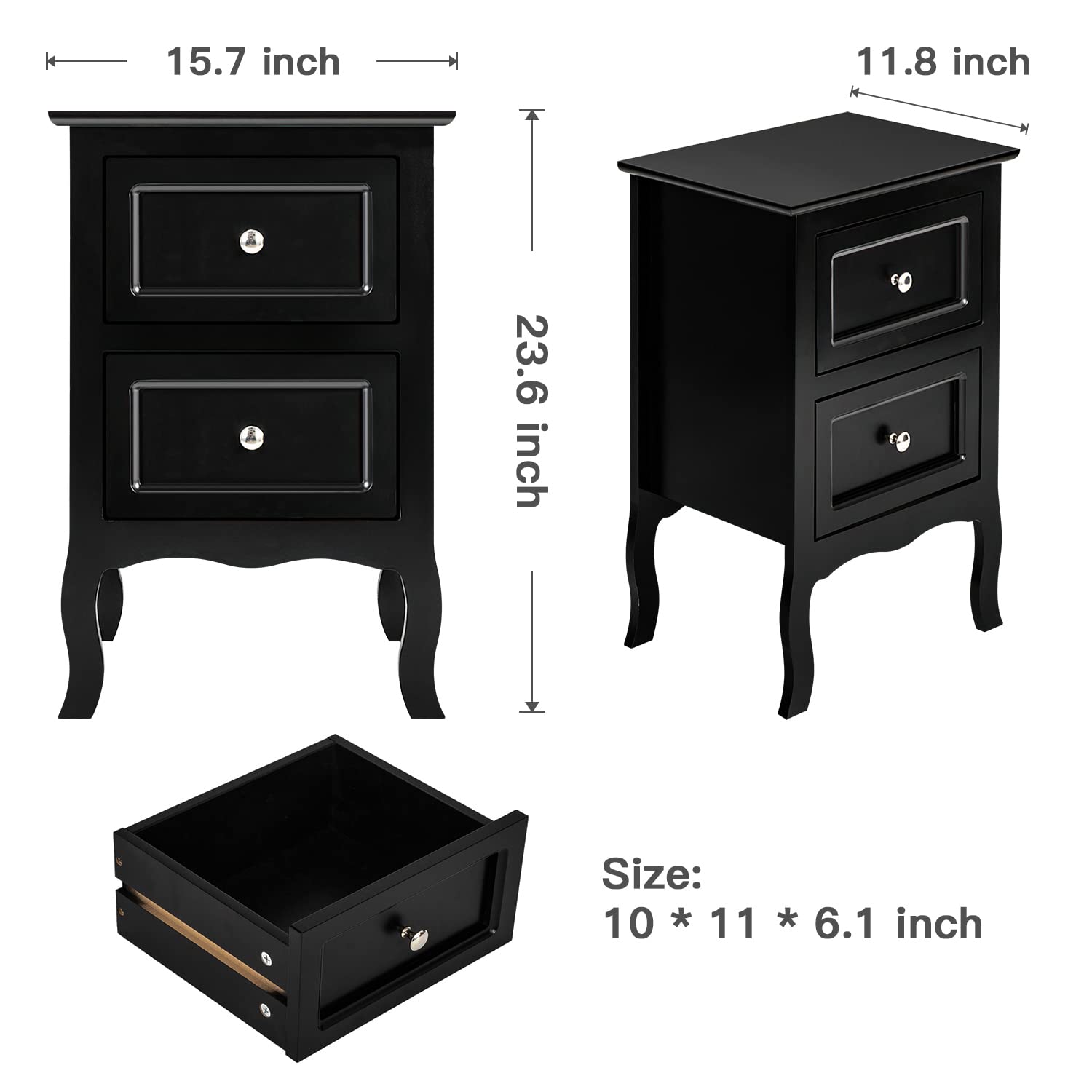VERYKE Nightstand Set of 2 with 2 Drawers - Small Bedside Table with Metal Handles, Farmhouse Style Storage Cabinet for Bedroom, Living Room, Office - Perfect for Small Spaces & Home Organization (Black)