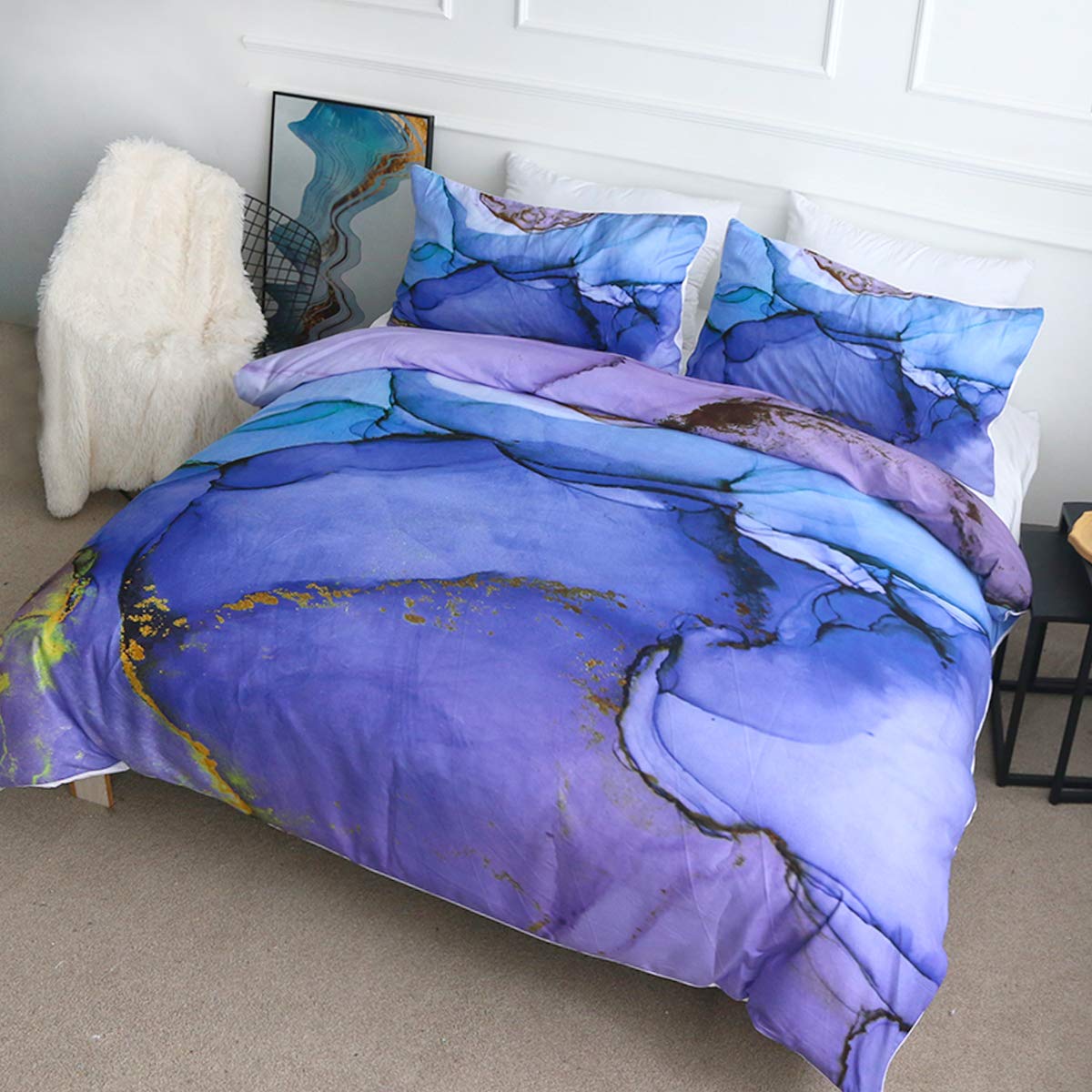 BlessLiving Queen Duvet Cover Set - Modern Watercolor Ink Marble Design in Blue, Purple & Gold | 3-Piece Breathable Comforter Cover with Shams | Machine Washable for Easy Care | Perfect for Master Bedroom, Guest Room & Dorm Decor