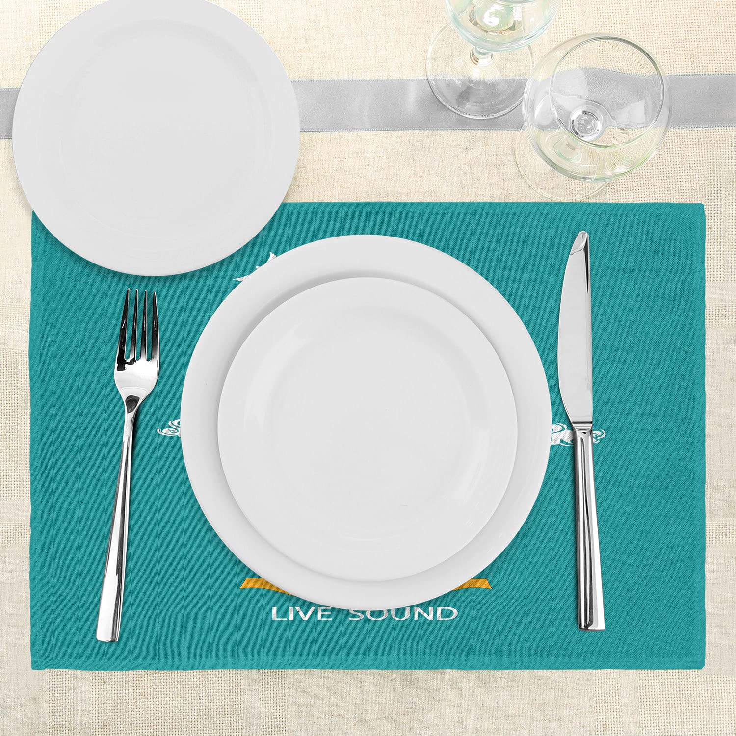 Ambesonne 4-Piece Guitar Placemats Set - Abstract Music Theme with Birds on Strings & Clouds Design | Washable Fabric Table Mats for Dining Room & Kitchen Decor in Turquoise, Marigold & White | Perfect for Music Lovers' Dinner Parties & Themed Home Decor