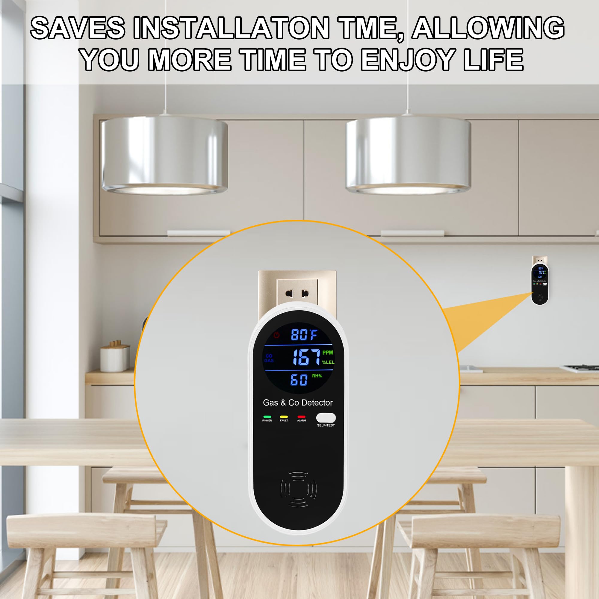 4-in-1 Plug-in Gas & Carbon Monoxide Detector Alarm for Home Safety - Natural Gas, Propane, Methane & CO Detection with Fahrenheit & Humidity Display - Ideal for Homes, Apartments, RVs & Campers