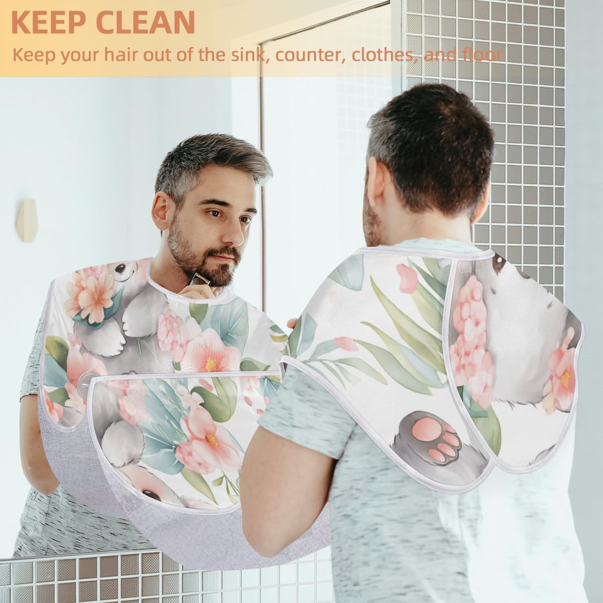 Stylish Koala Flower Beard Shaving Bib for Men & Women - Waterproof Hair Dye Apron, Barber Cape for Haircut & Beard Trimming - Perfect Sink Hair Catcher & Makeup Artist Accessory - Great Gift for Barbers & Grooming Enthusiasts (Ideal for Home Salon, Barber Shops & DIY Grooming Sessions)