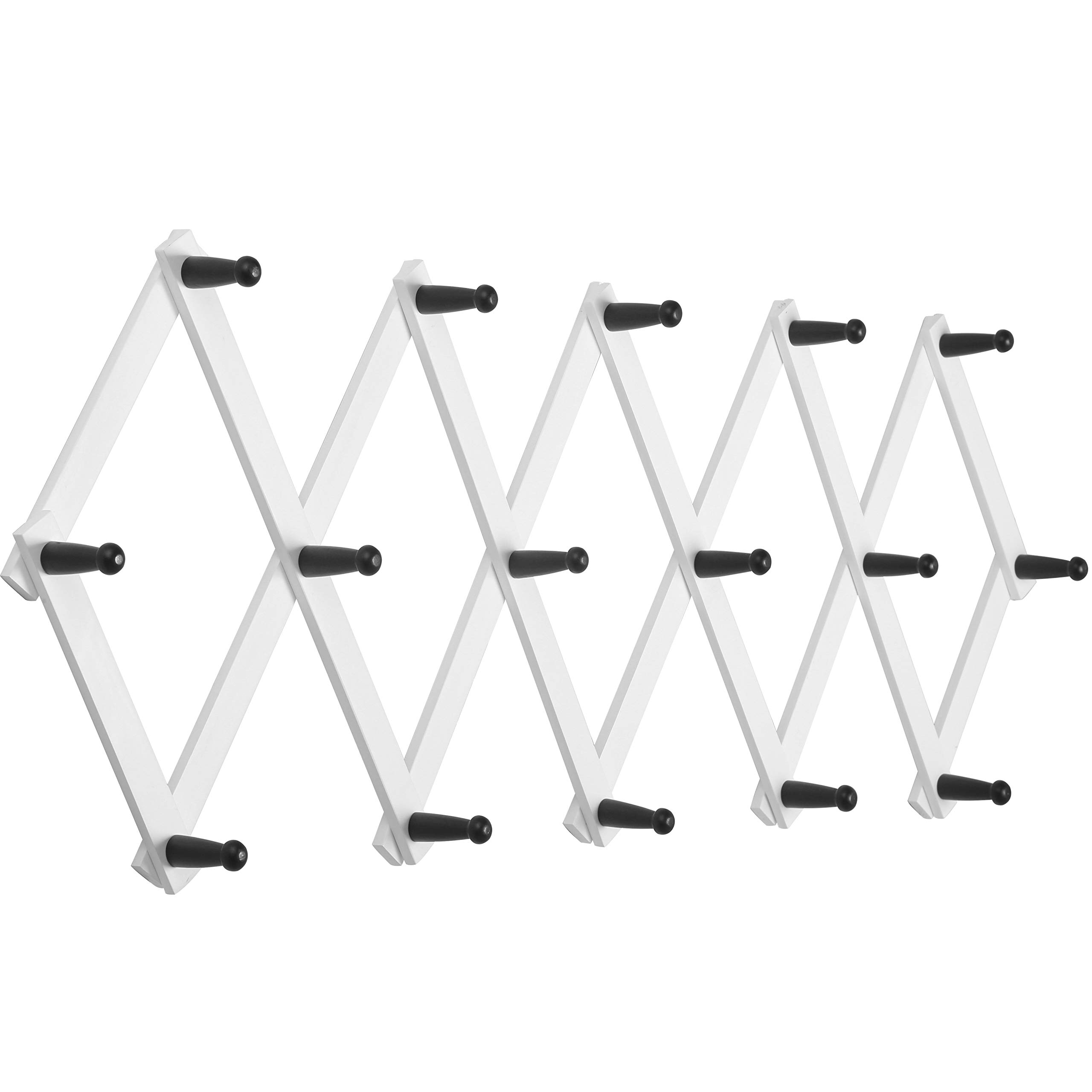 SKOLOO 16-Peg Expandable Wall Mounted Coat Rack - Solid Wood Modern Hat & Jacket Hanger (Black on White) - Perfect for Entryway, Bedroom & Small Space Organization
