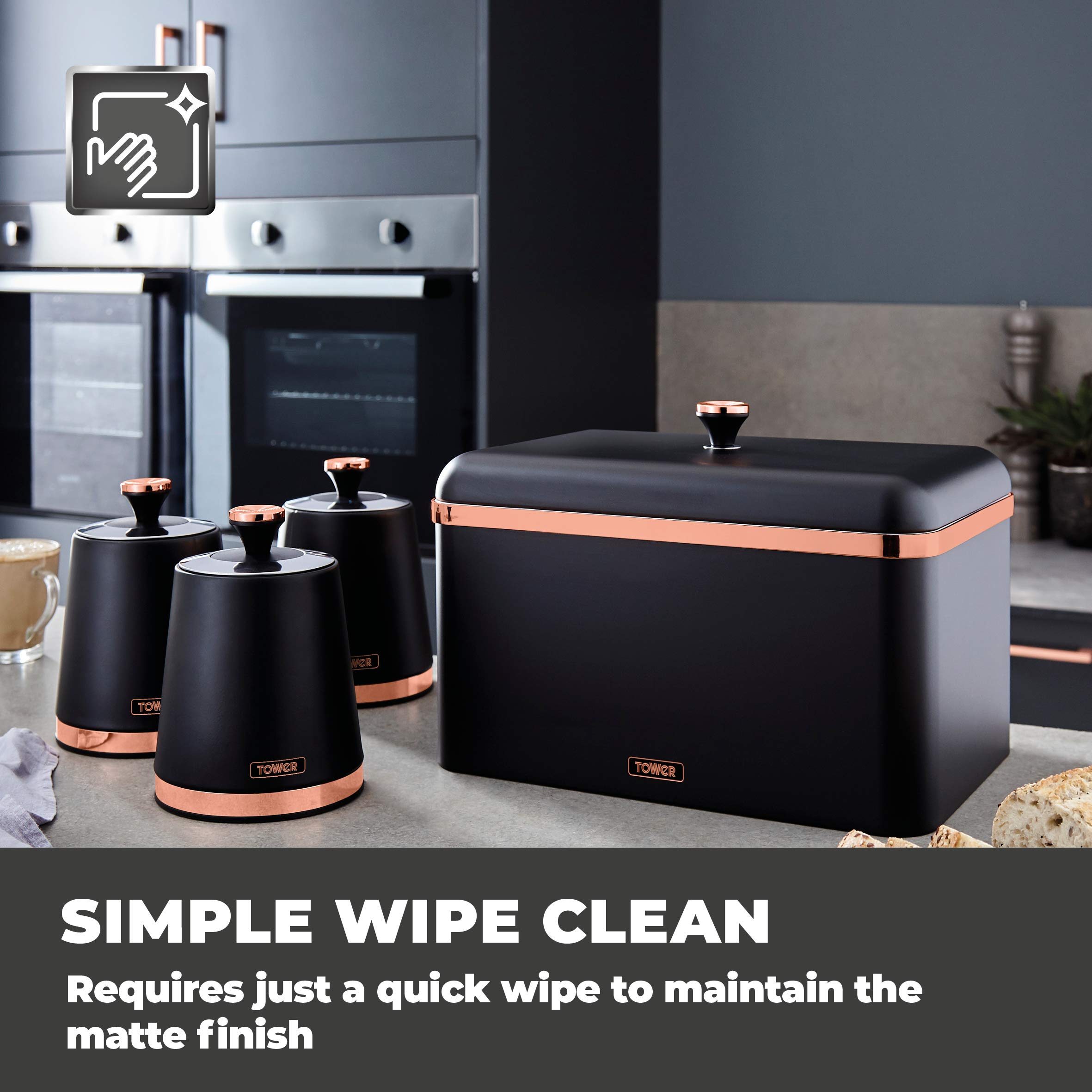 Premium Tower Cavaletto Black & Rose Gold 7-Piece Kitchen Set - Pyramid Kettle, 4-Slice Toaster, Microwave, Bread Bin & 3 Canisters for Tea, Coffee & Sugar | Stylish Modern Kitchen Essentials for Small Spaces & Apartments