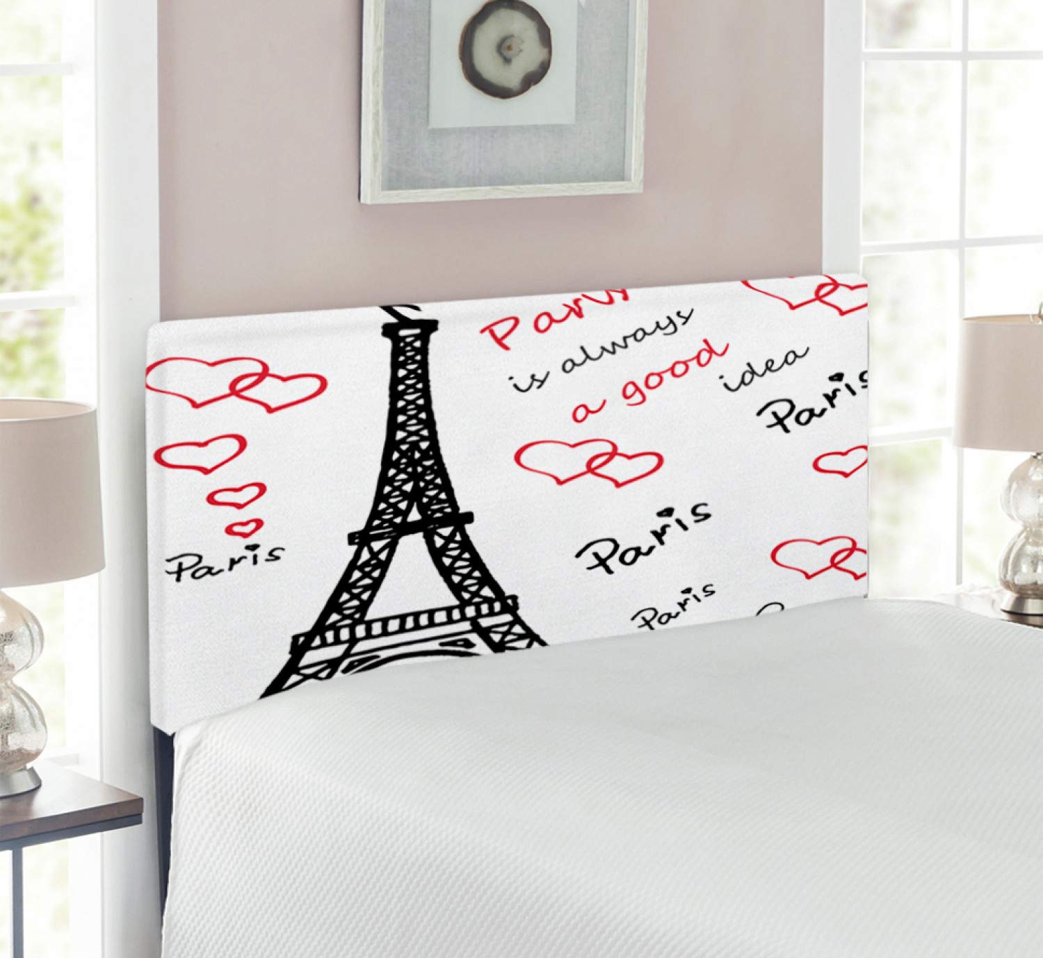 Ambesonne Eiffel Tower Headboard - Paris Themed Upholstered Metal Bed Headboard with Memory Foam, Twin Size in Red Black White | Perfect for Paris-Themed Bedrooms, Travel Lovers & Home Decor