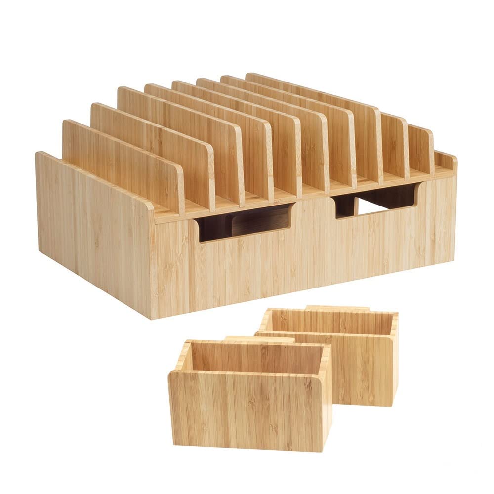 MobileVision 10-Port Bamboo Charging Station with 2 Caddy Add-Ons for Pens, Keys & Storage - Perfect for Home, Office & Travel Organization