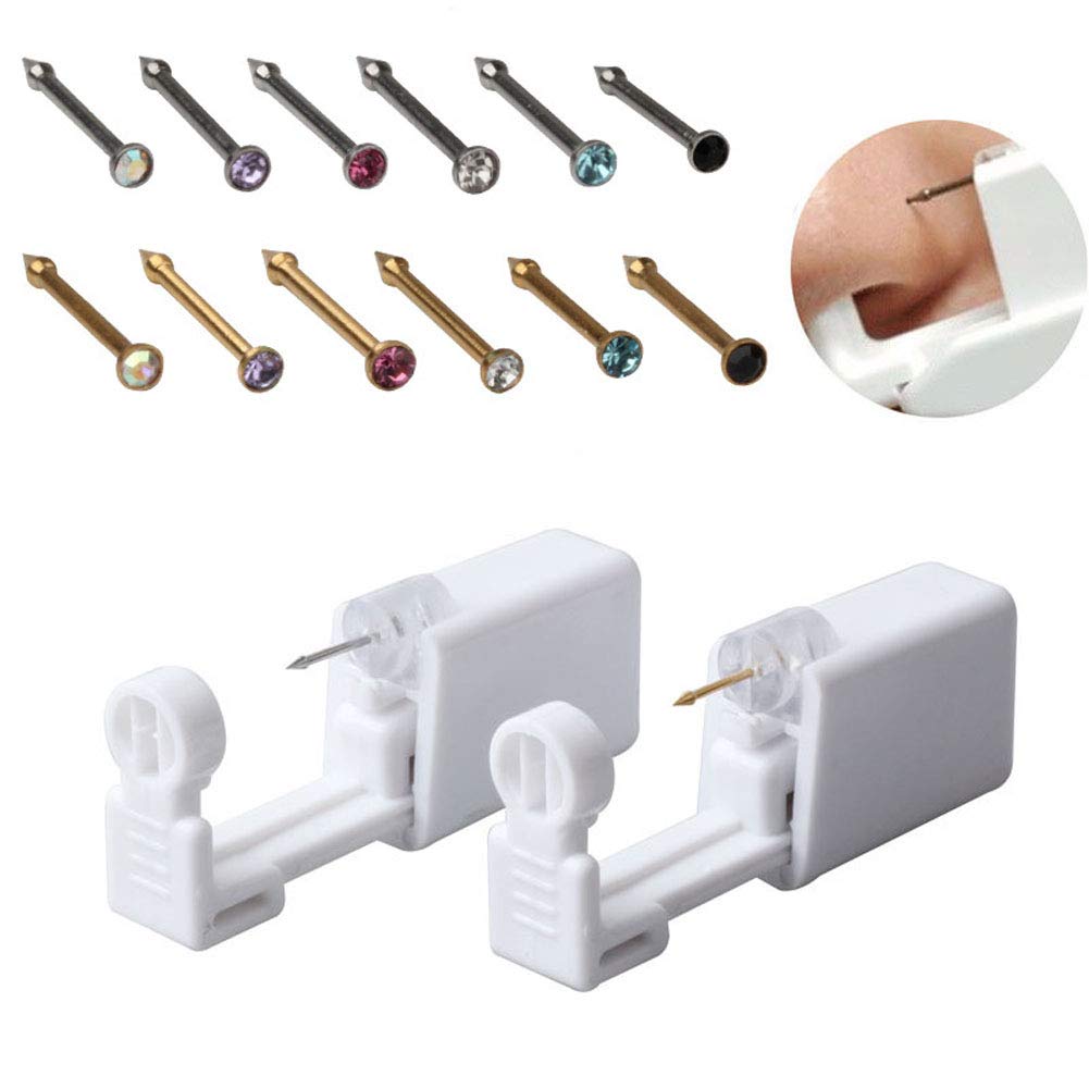 2PCS Disposable Nose Piercing Gun Kit - Painless Self Piercing Tool with Silver & White Rhinestone for Women & Men | Safe Portable Nose Stud Applicator for Home Use & Professional Salon Piercing