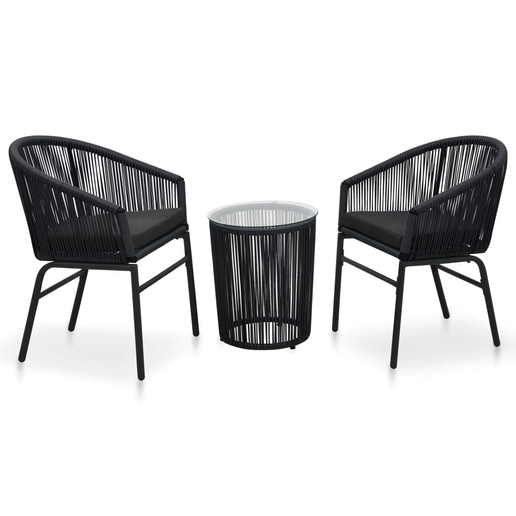 3-Piece Outdoor Bistro Set with Cushions - Black PVC Rattan Dining Table & 2 Chairs - Patio Bar Set with Round Coffee Table - Perfect for Balcony, Poolside, Backyard & Garden Entertaining