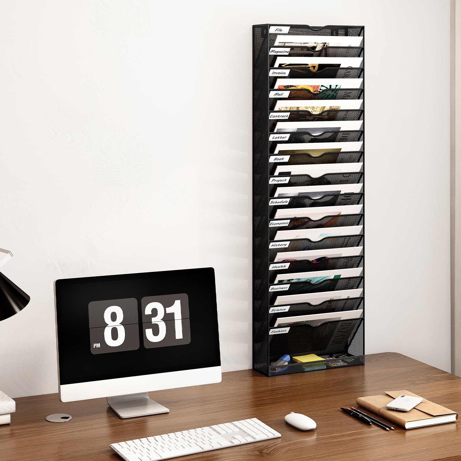 16-Pocket Mesh Wall File Holder - Metal Hanging File Organizer for Office & Home - Black Wall-Mounted Mail & Document Storage - Perfect for Office Organization, Classroom Supplies, and Home Office Decor