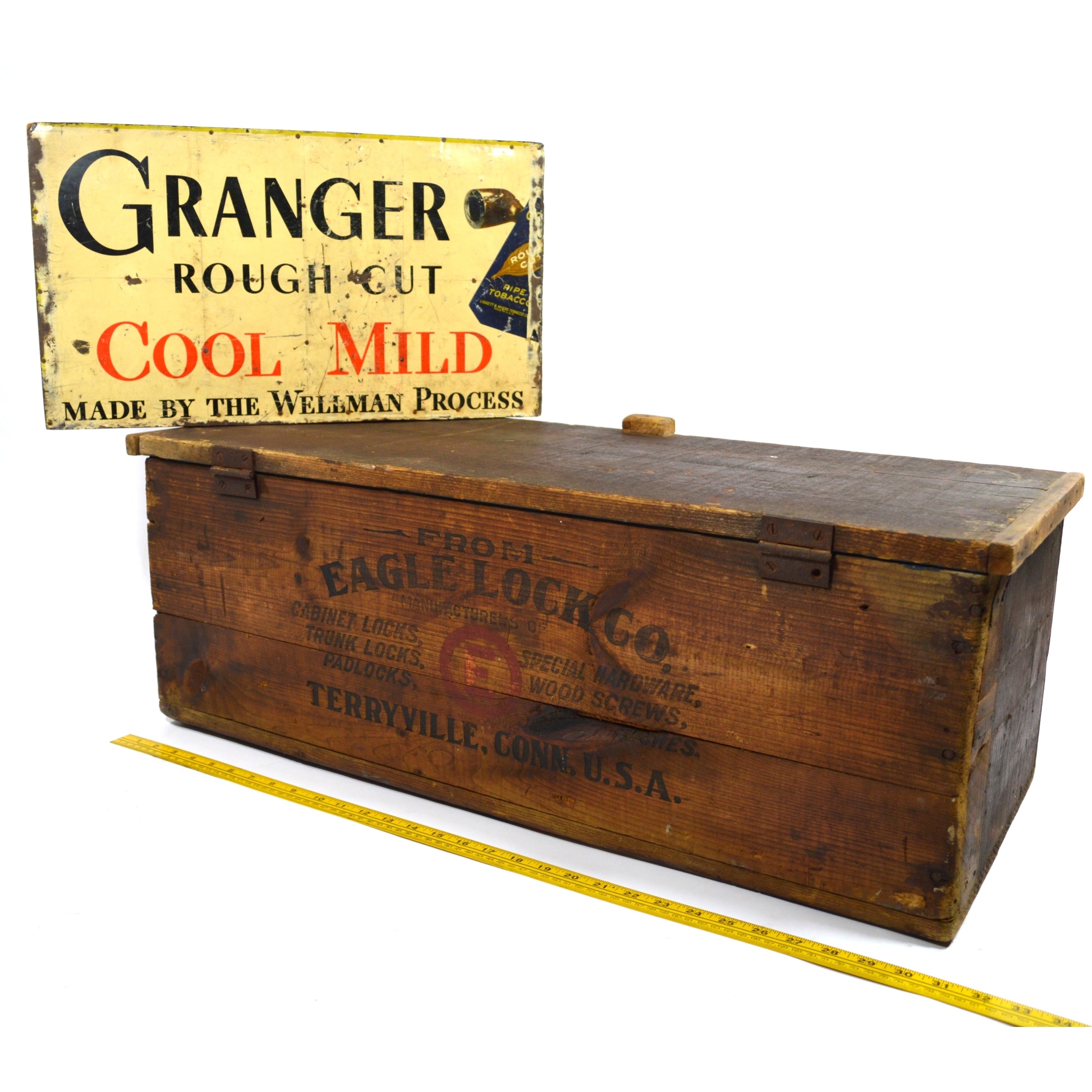 Antique EAGLE LOCK CO Salesman Wood Chest with GRANGER TOBACCO Advertising - Rare Vintage Collectible Storage Box for Home Decor & Tobacco Memorabilia Display