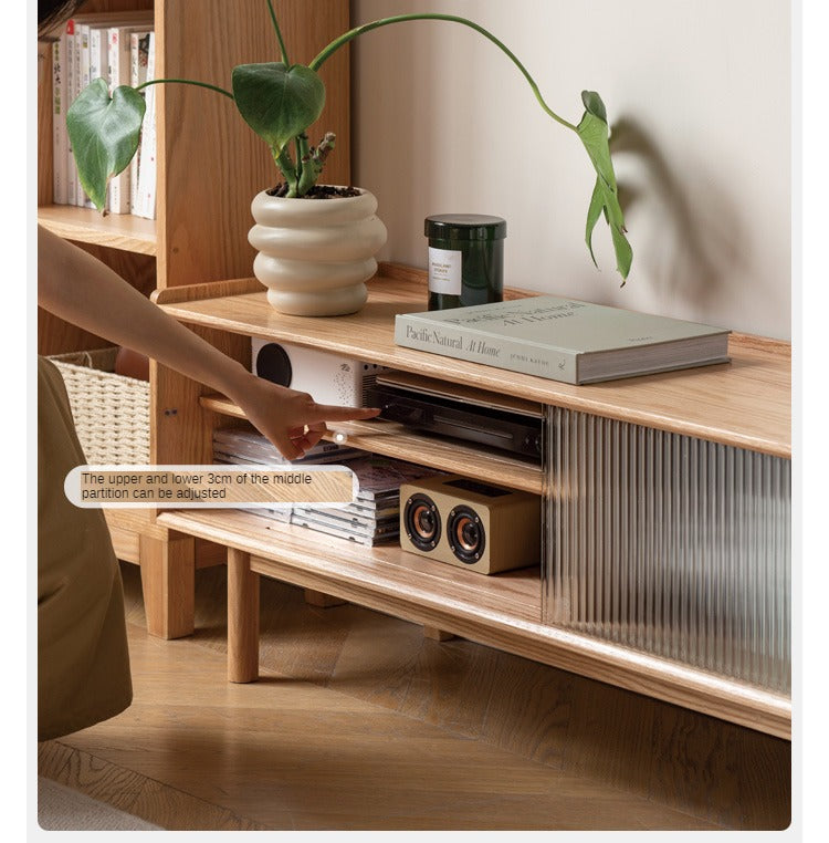 Solid Oak Wood TV Stand with Sliding Doors - Modern Entertainment Center for Living Room, Bedroom & Home Theater