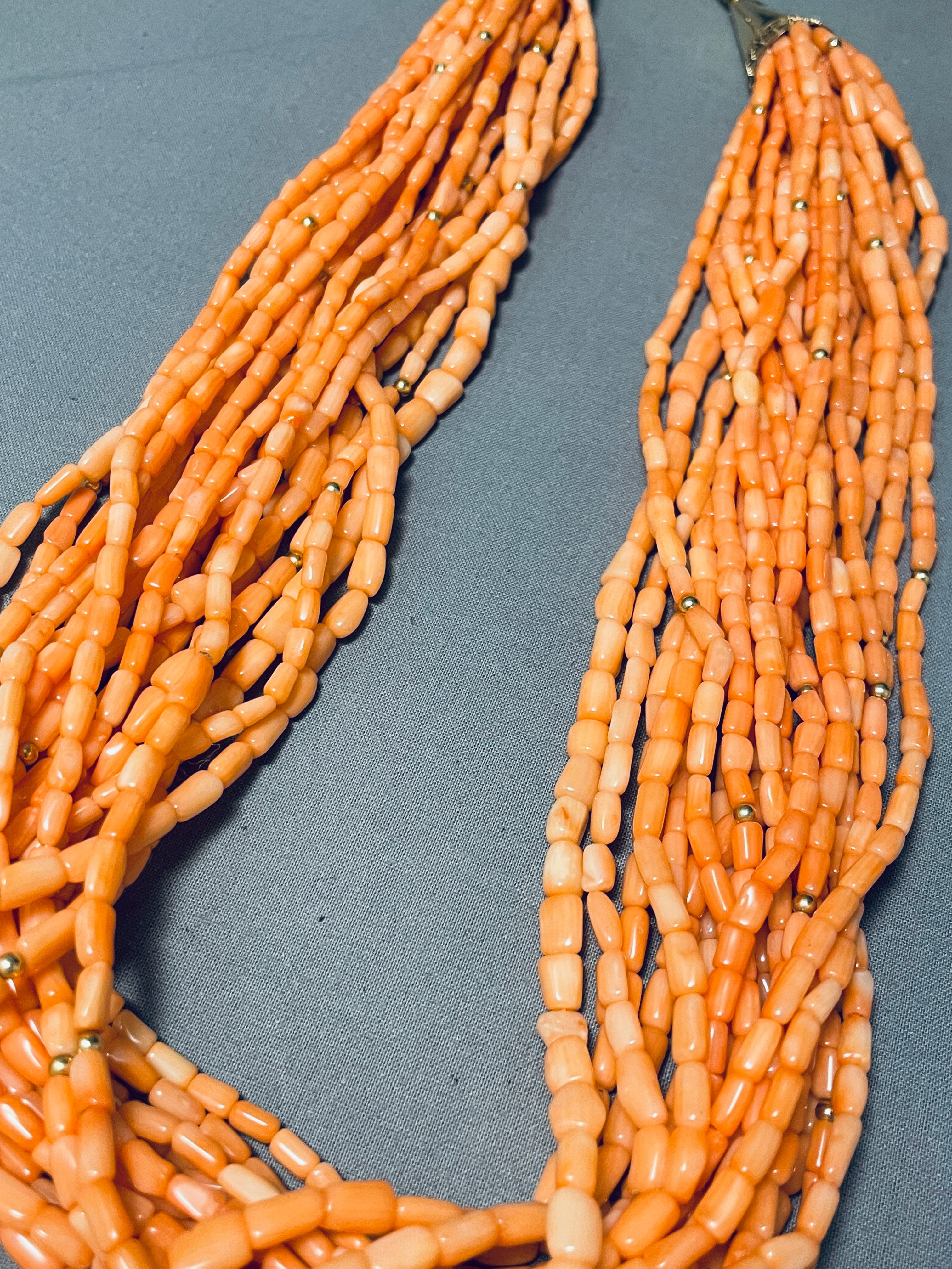 14K Gold Vintage Navajo Coral Native American Necklace - Handmade Tribal Jewelry for Women, Boho Style Accessories - Perfect for Festivals, Weddings & Special Occasions