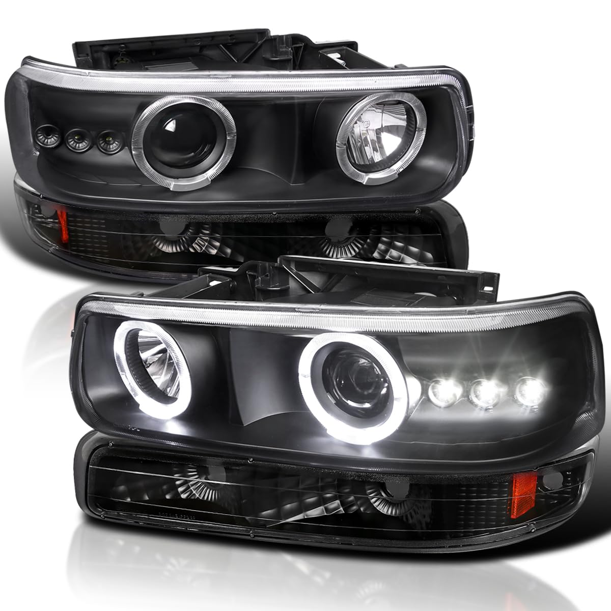 Spec-D Tuning Black LED Halo Projector Headlights with Bumper Lights - Compatible with 1999-2002 Chevy Silverado & 2000-2006 Tahoe - Left & Right Pair Headlamp Assembly - Upgrade Your Truck's Style & Night Visibility for Off-Roading & Daily Driving