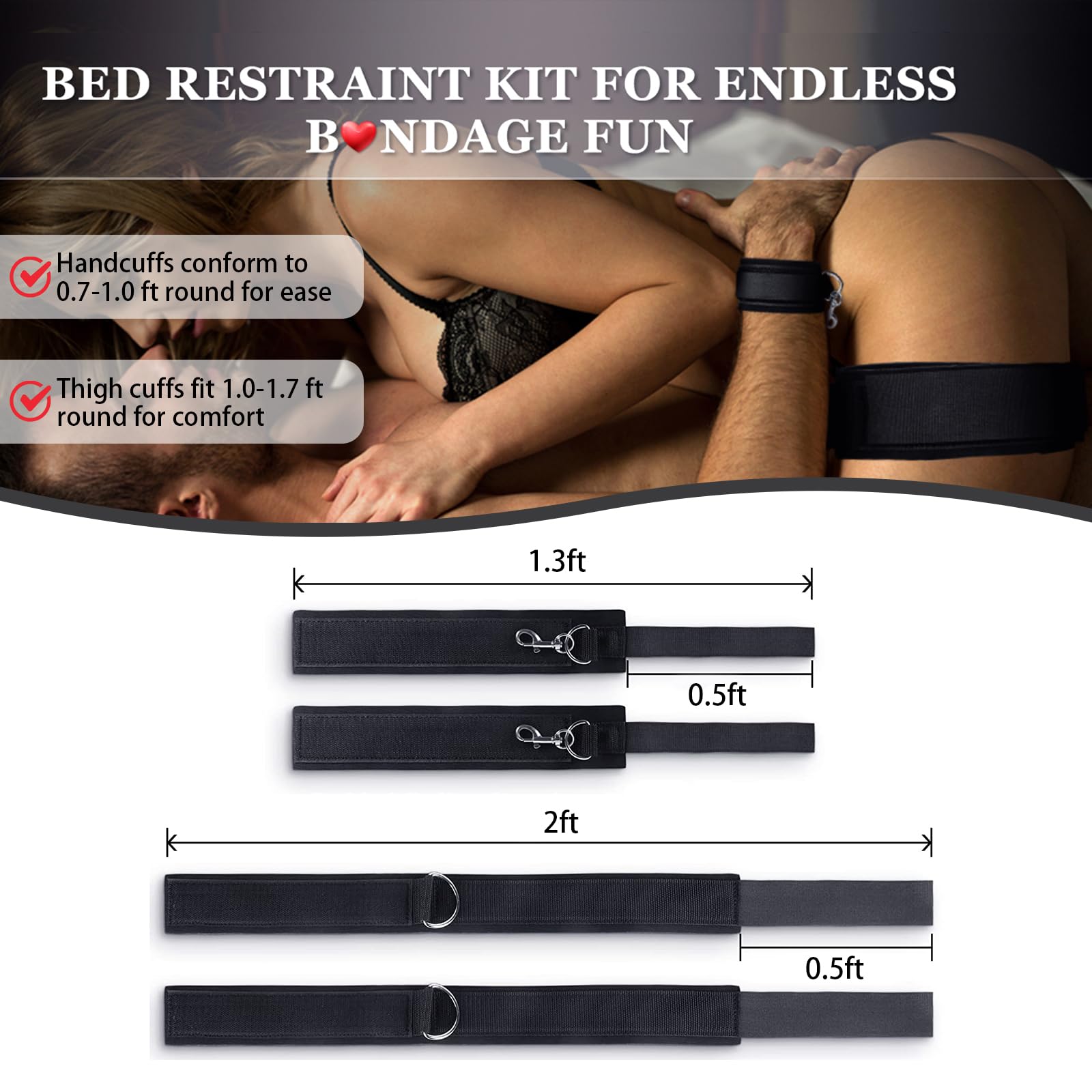 Adjustable Black Bondage Handcuffs Set for Couples - Soft Restraints with Ankle & Wrist Cuffs for BDSM Beginners | Perfect for Bedroom Play, Roleplay & Spicing Up Intimacy (Light Black)