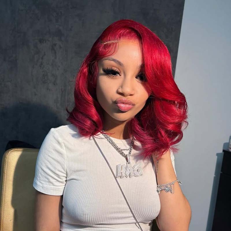 Eullair $99 Short Layered Cut Red Wavy Bob Wig with 13x4 Lace Frontal - 100% Human Hair Wig for Women | Perfect for Cosplay, Parties & Daily Fashion