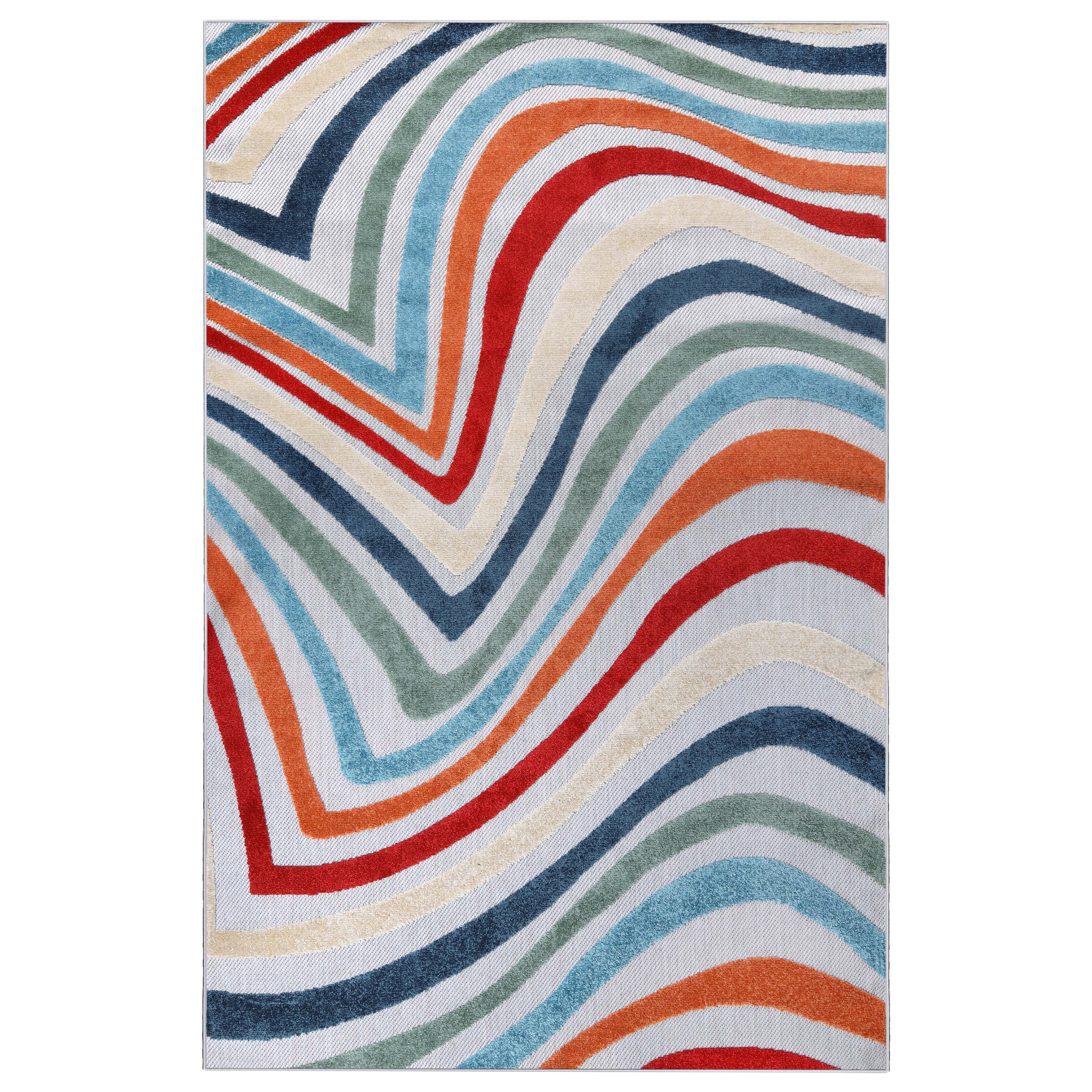 Wave Coastal Striped Indoor Outdoor Area Rug - Soft Non-Slip Decorative Carpet for Living Room, Bedroom, Patio & Beach House Decor