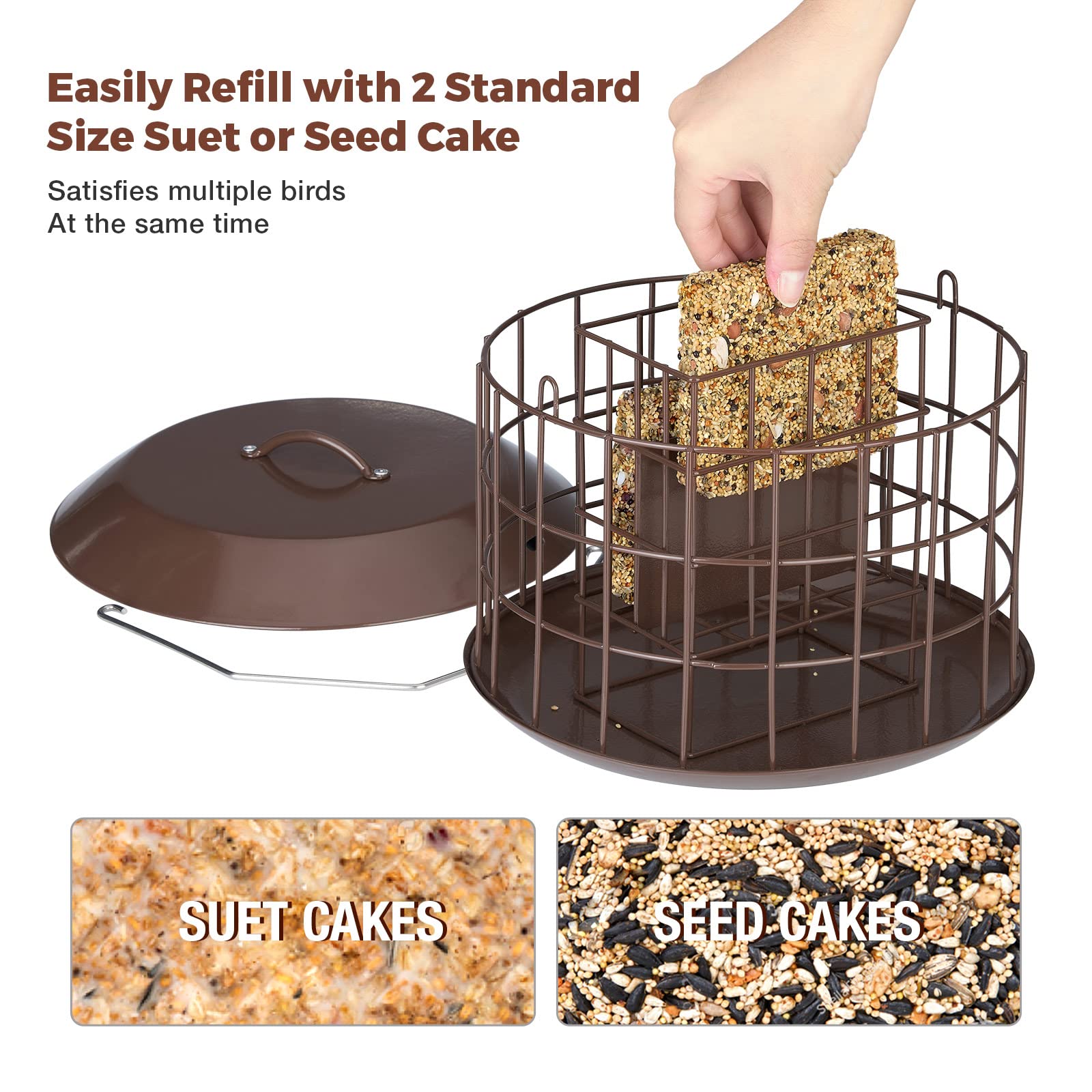 Kingsyard Squirrel Proof Suet Bird Feeder - All Metal Outdoor Hanging Cage Feeder with Double Suet Cake Capacity, Tray & Weatherproof Design (Brown) - Perfect for Backyard Bird Watching & Wildlife Observation