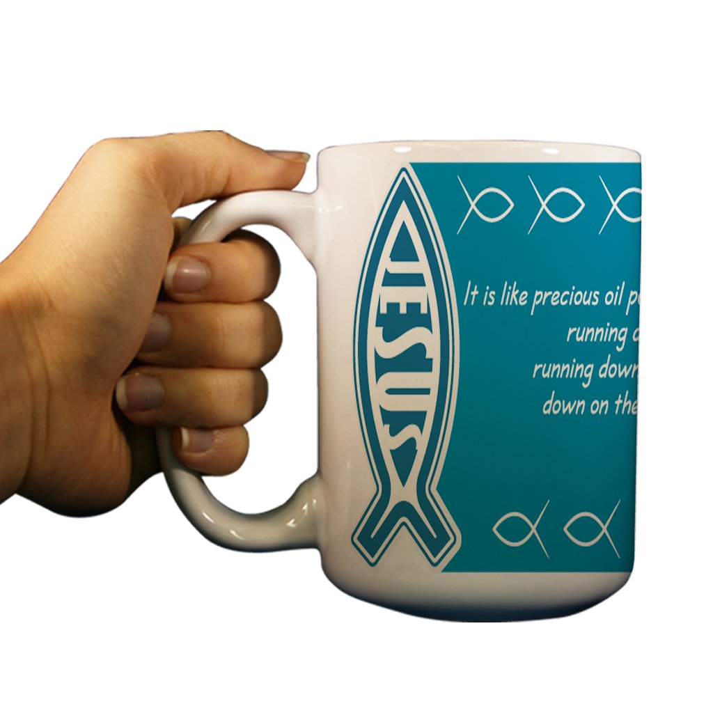 VictoryStore Inspirational Ceramic Coffee Mug - 15 oz Religious Psalm 133:2 Bible Verse Mug - Perfect for Morning Coffee, Bible Study & Christian Gift Giving
