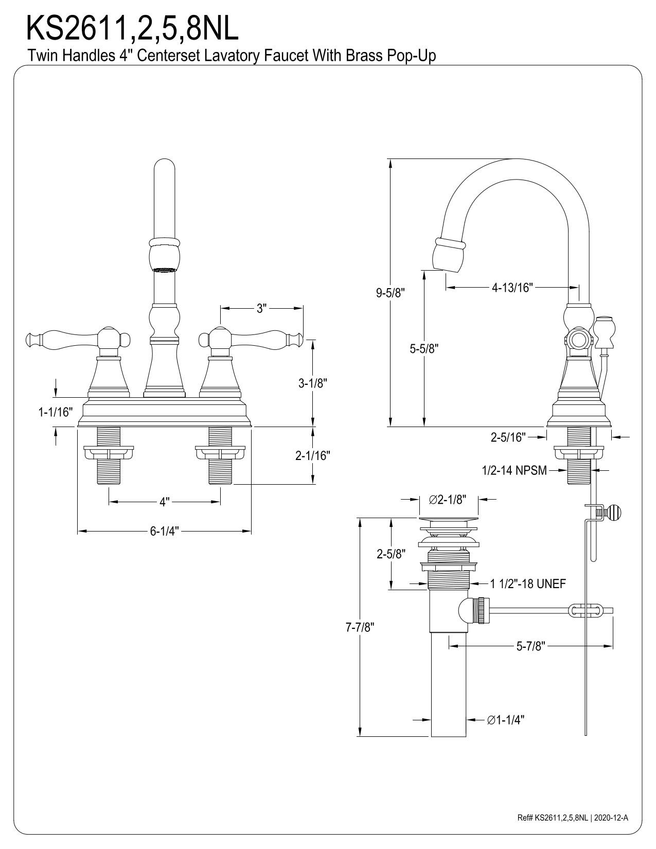Kingston Brass KS2615NL 4-Inch Centerset Bathroom Faucet with Pop-Up Drain - Oil Rubbed Bronze Finish for Vanity Sink, Perfect for Modern Home & Commercial Restrooms