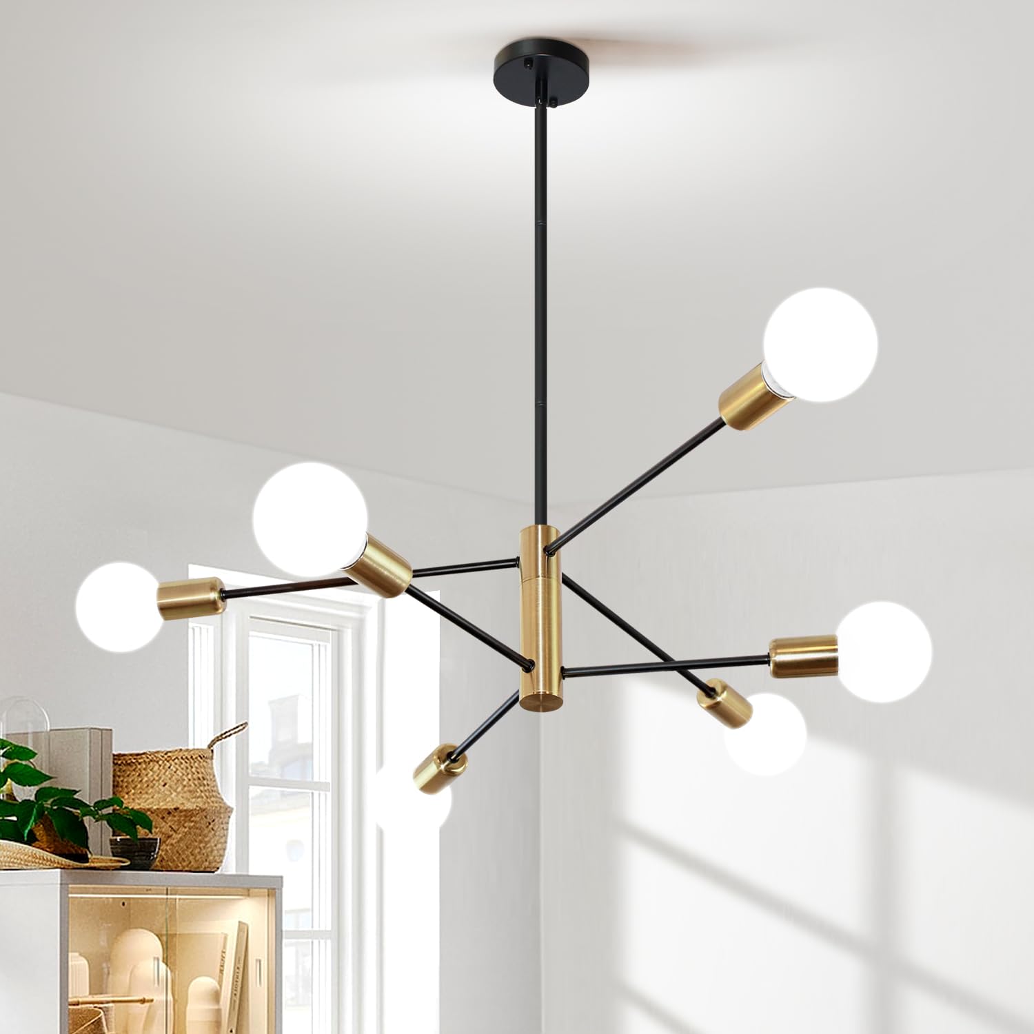 Vintage Sputnik Chandelier 6-Light Mid Century Modern Ceiling Fixture - Gold & Black Contemporary Pendant Light for Dining Room, Bedroom, Living Room, Kitchen, Office - Perfect for Home Decor, Restaurant Lighting, and Commercial Spaces