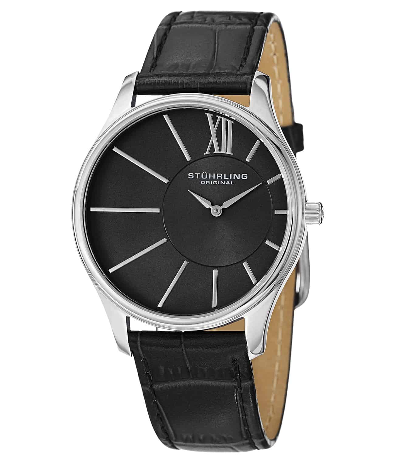 Black Dial / Rose Case / Black Leather Strap Rose Gold Layered Tang Buckle