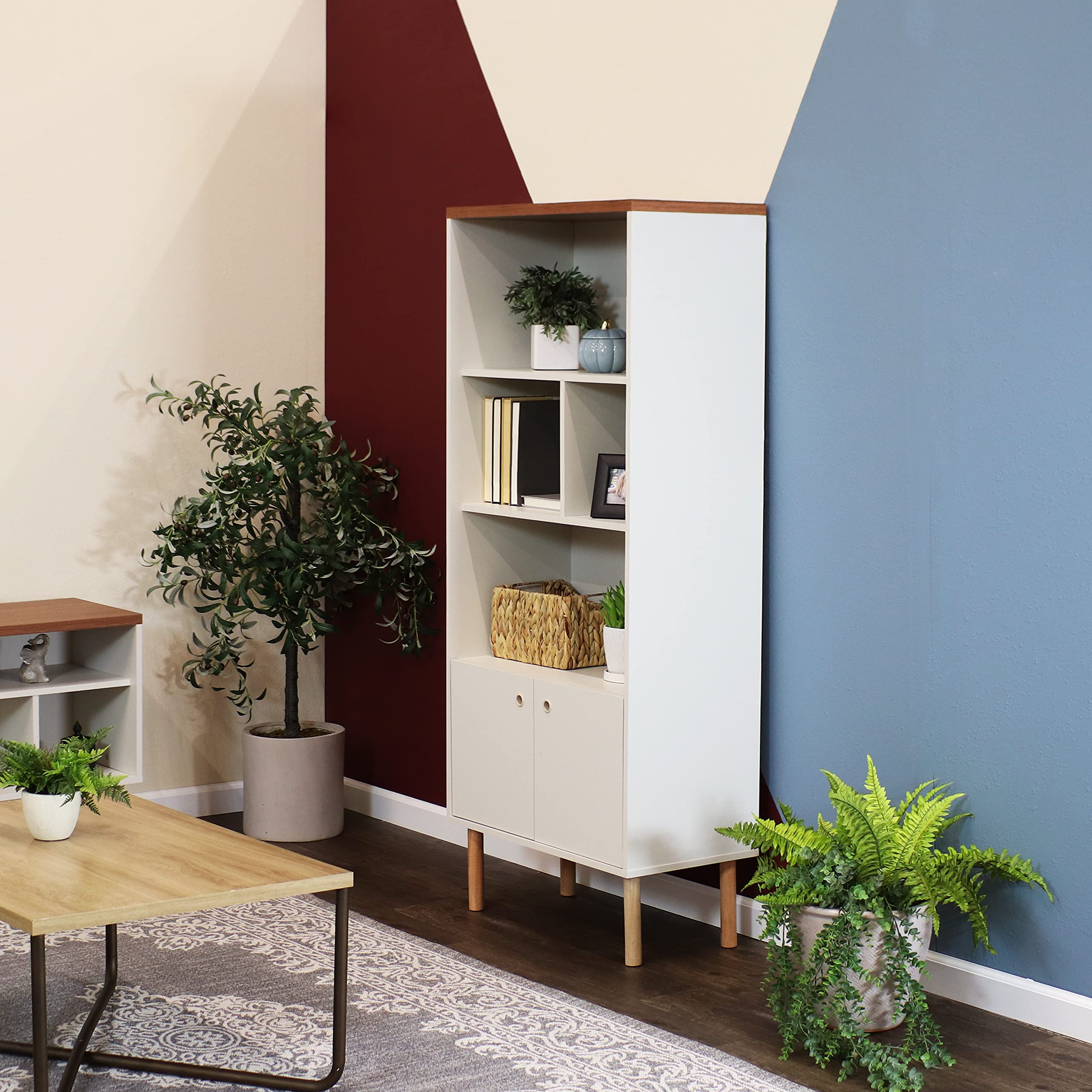 Mid-Century Modern 5-Shelf Bookcase with Storage Cabinet - Stylish Latte Wooden Bookshelf for Living Room, Bedroom, Office & Dining Room - Perfect for Home Decor, Book Storage & Displaying Decorative Items