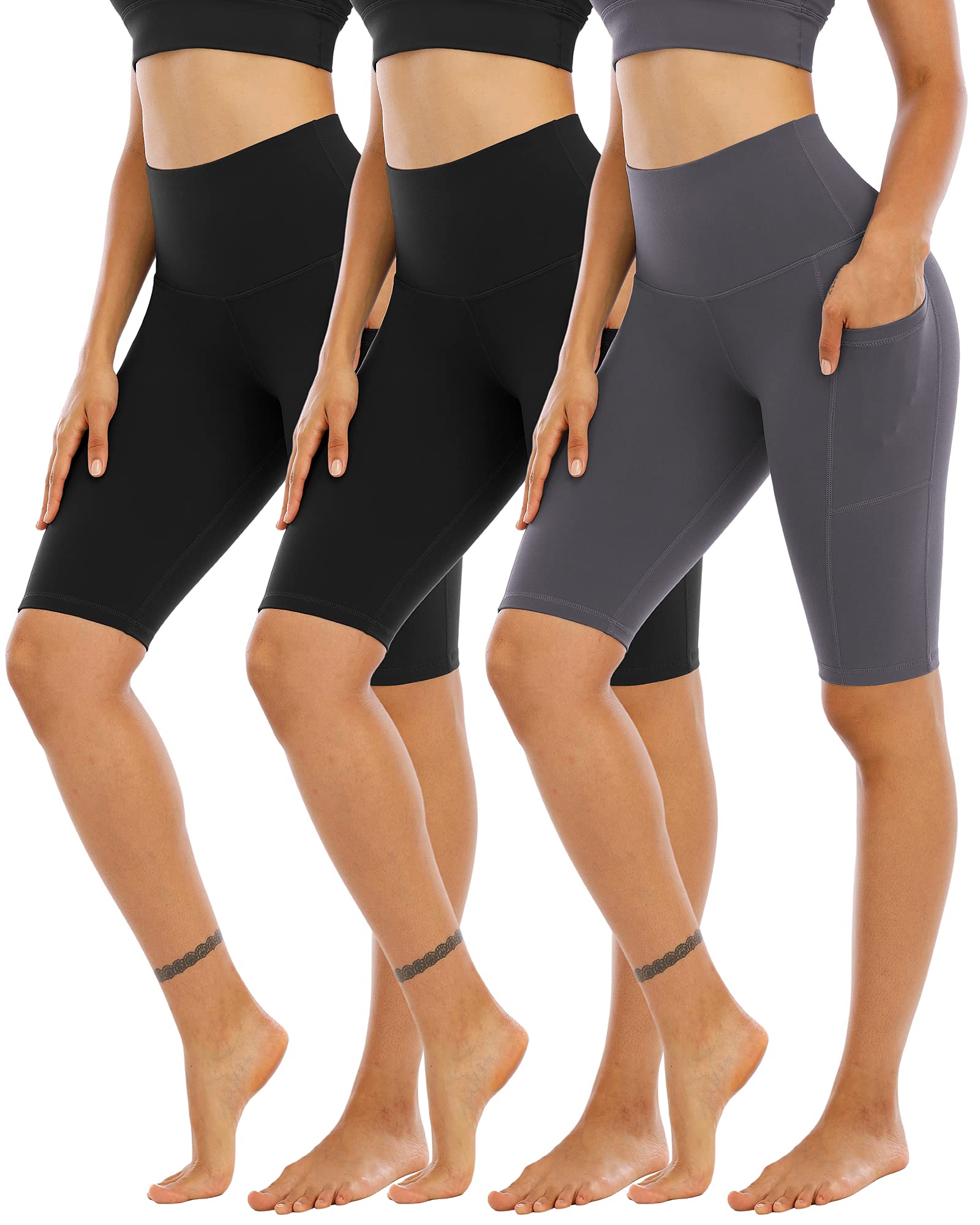 CHRLEISURE 3 Pack Women's High Waist Biker Shorts with Pockets - Tummy Control Spandex Workout Shorts for Cycling, Yoga & Running